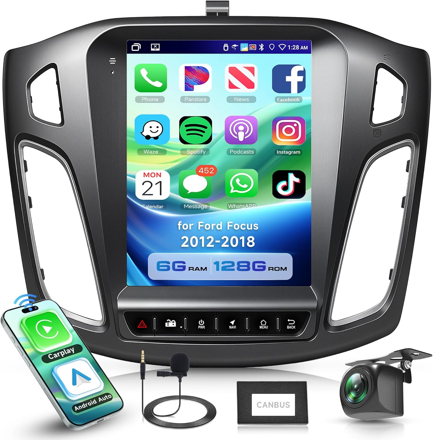 6G+128G Car Radio for Ford Focus 2012-2018 with Wireless CarPlay Android Auto, 9.7 Inch Touchscreen Android Car Stereo with GPS WiFi Mirror Link SWC Bluetooth FM RDS DSP Backup Camera