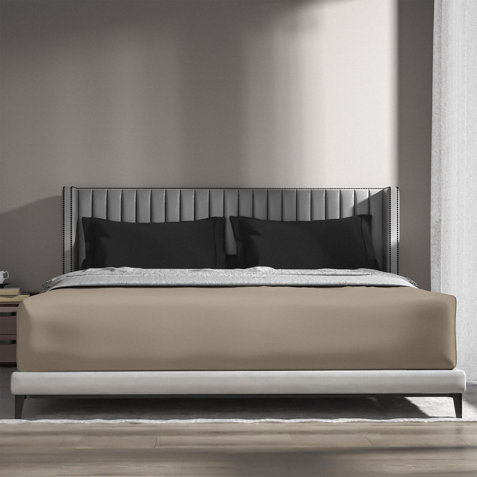 wyewye Double Fitted Sheet, Khaki, 135x190 cm with 40 cm Super Deep Pocket, Microfiber Fabric Bed Fitted Sheets, Breathable - Image 3