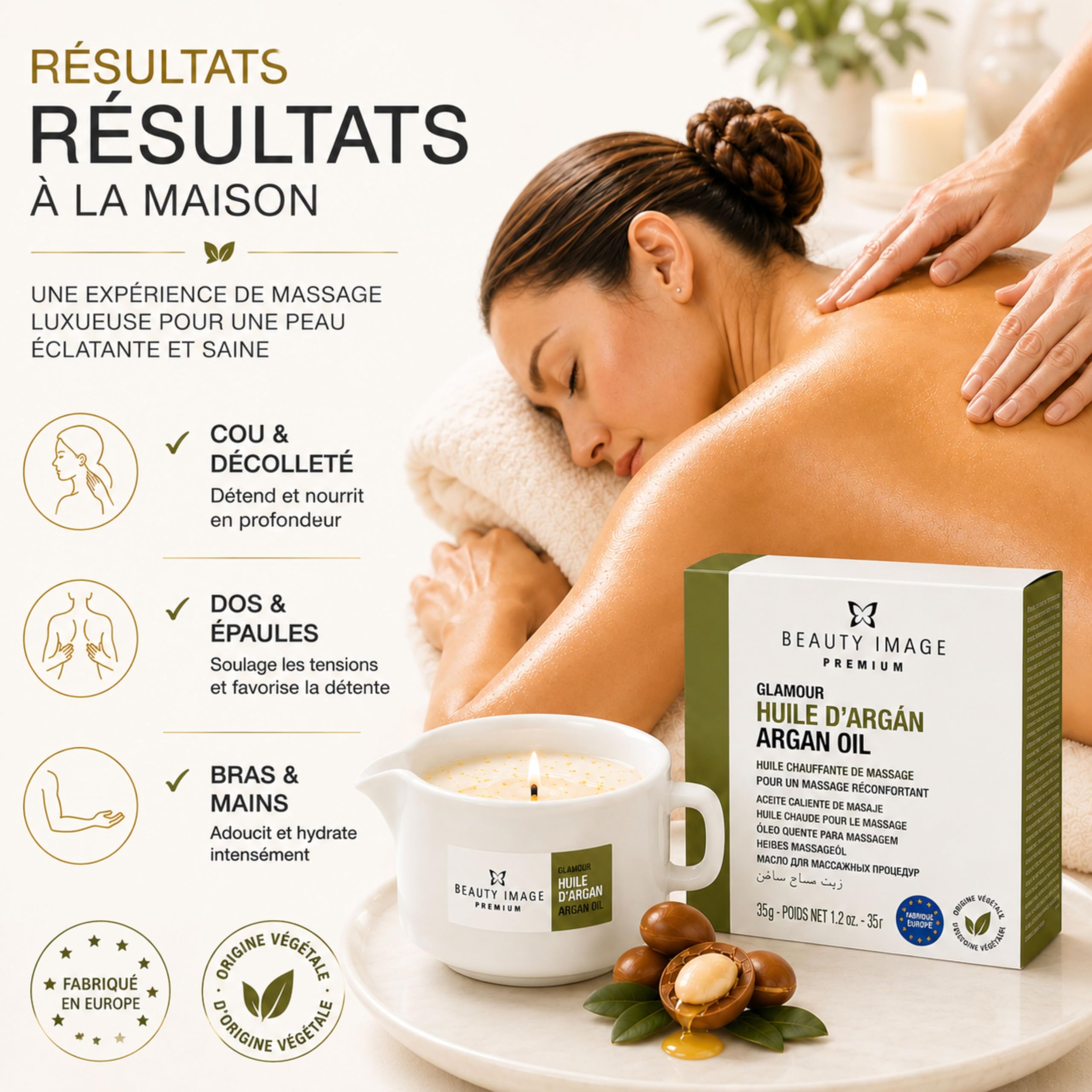 BEAUTY IMAGE Pack de 2 Bougies de Massage - Couleur Or Brillant - A l'Huile d'Argan. De 2 à 3 Massages Corporels Complets par Bougie. Huile Chaude pour Massage Professionnel.