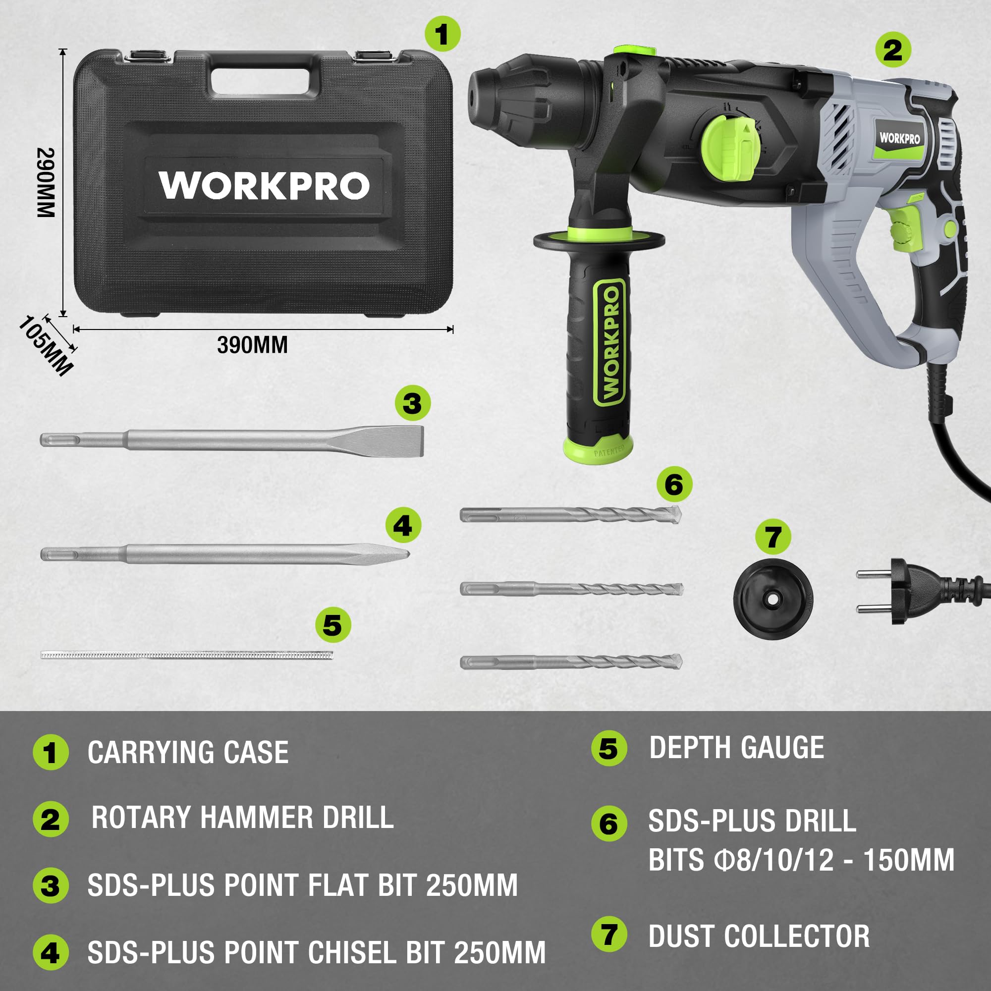 WORKPRO Martillo Perforador 1050W SDS Plus, Taladro Percutor Eléctrico con 4 Funciones, Velocidad Variable y Mango Giratorio 360°, Incluye Brocas para Hormigón, Madera y Metal