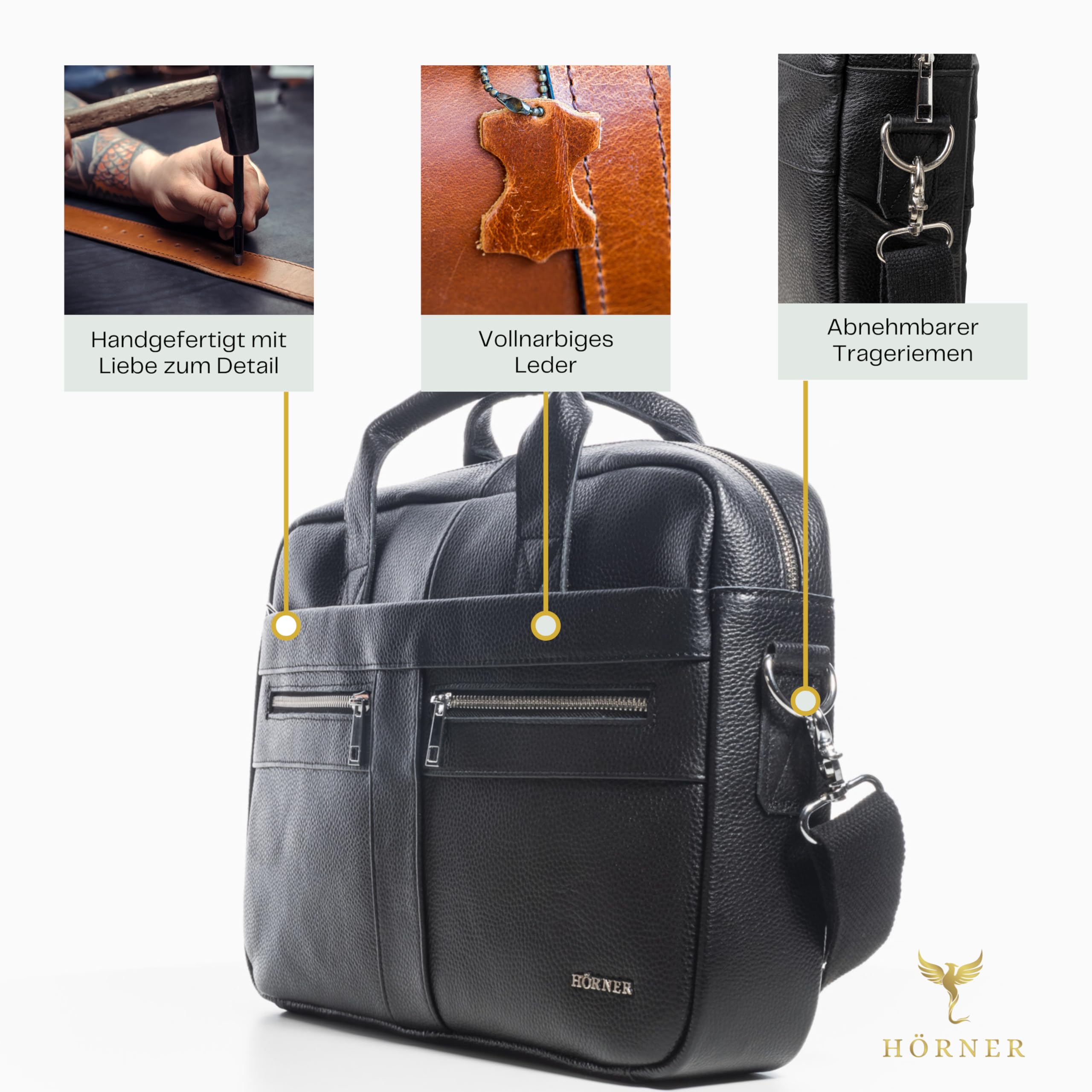 Hörner Laptoptasche Cognac Schwarz I Echtes Leder I Businesstasche Damen & Herren I Laptoptasche 15,6 Zoll I Bürotasche I Businesstasche I Aktentasche I Ledertasche für Laptop