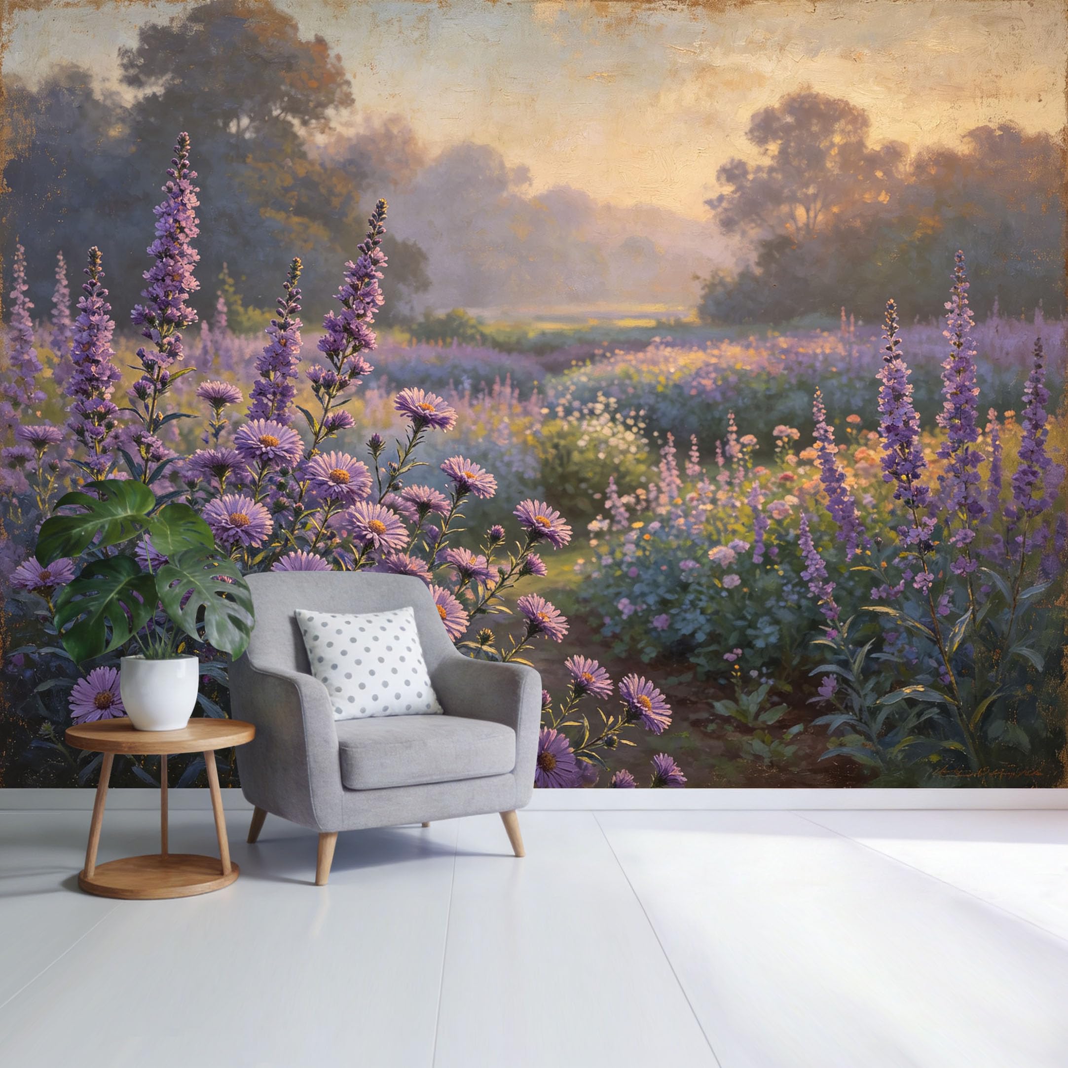 Custom Size Wall Mural Lavender Field Landscape with Purple Wildflowers and Sunset Glow Botanical Style SelfAdhesive Wall Fabric Removable Wallpaper for Home Office Decor
