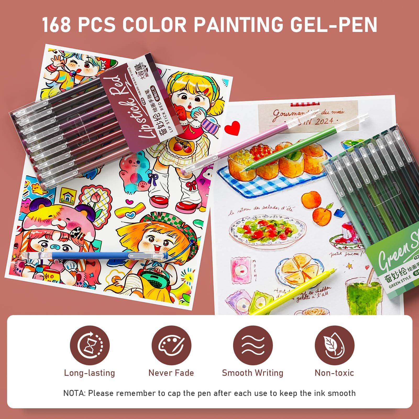 TrendGate 168 Stylo Gel Acrylique, Pointe Fine 0,5 mm Gel Pen | 162 Couleurs (159 + 3 Blanc / 3 Argent / 3 Or), Feutres Gel Coloriage Adulte, Dessin, Écriture, Journaling, Multi-surface