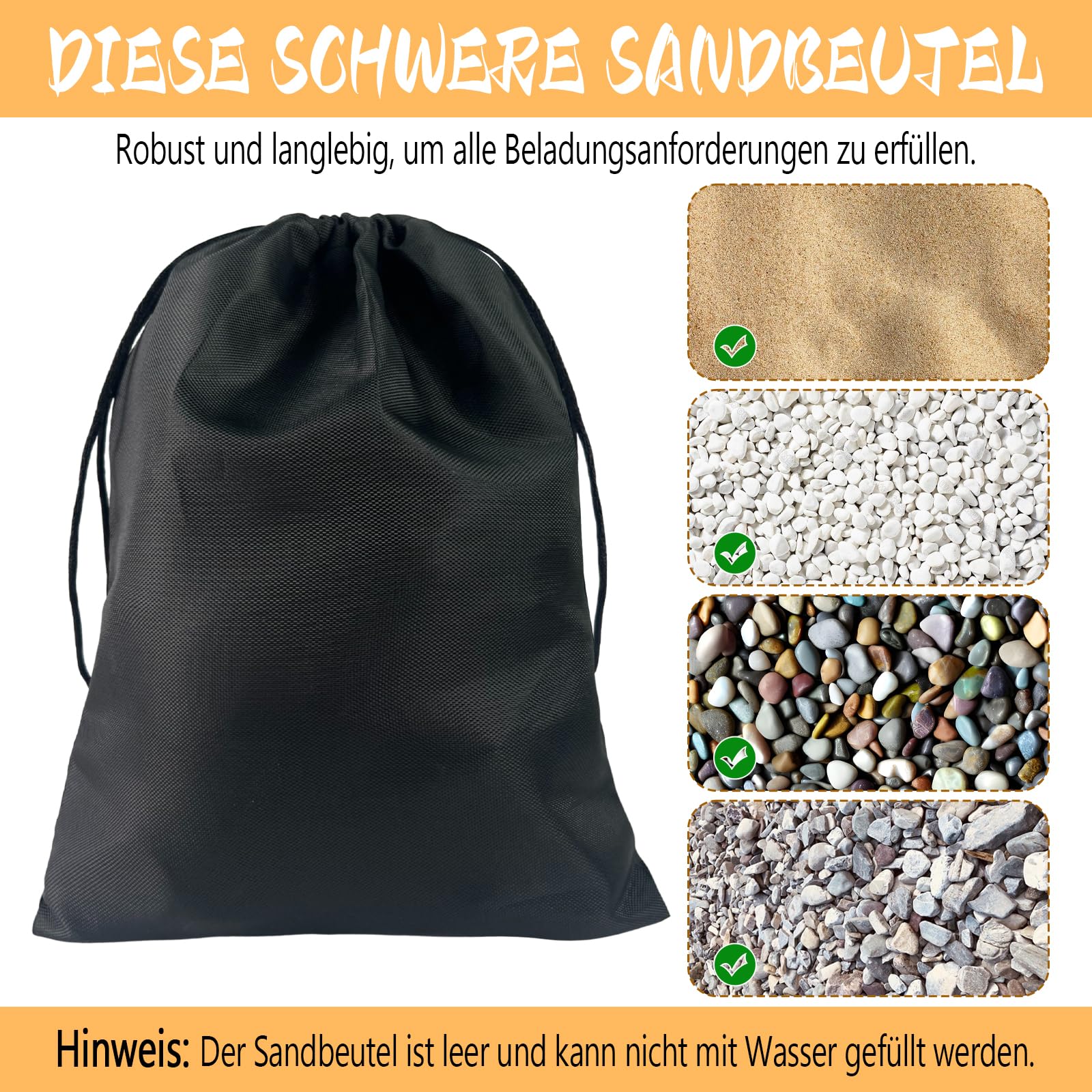 12er Set Gewichtstaschen für Pavillon mit Rostfreien 304 Edelstahl Haken, Sandsäcke als Standgewichte für Zelte, Sonnenschirme, Outdoor Vorhänge, Extrem Standfest & Wetterfest