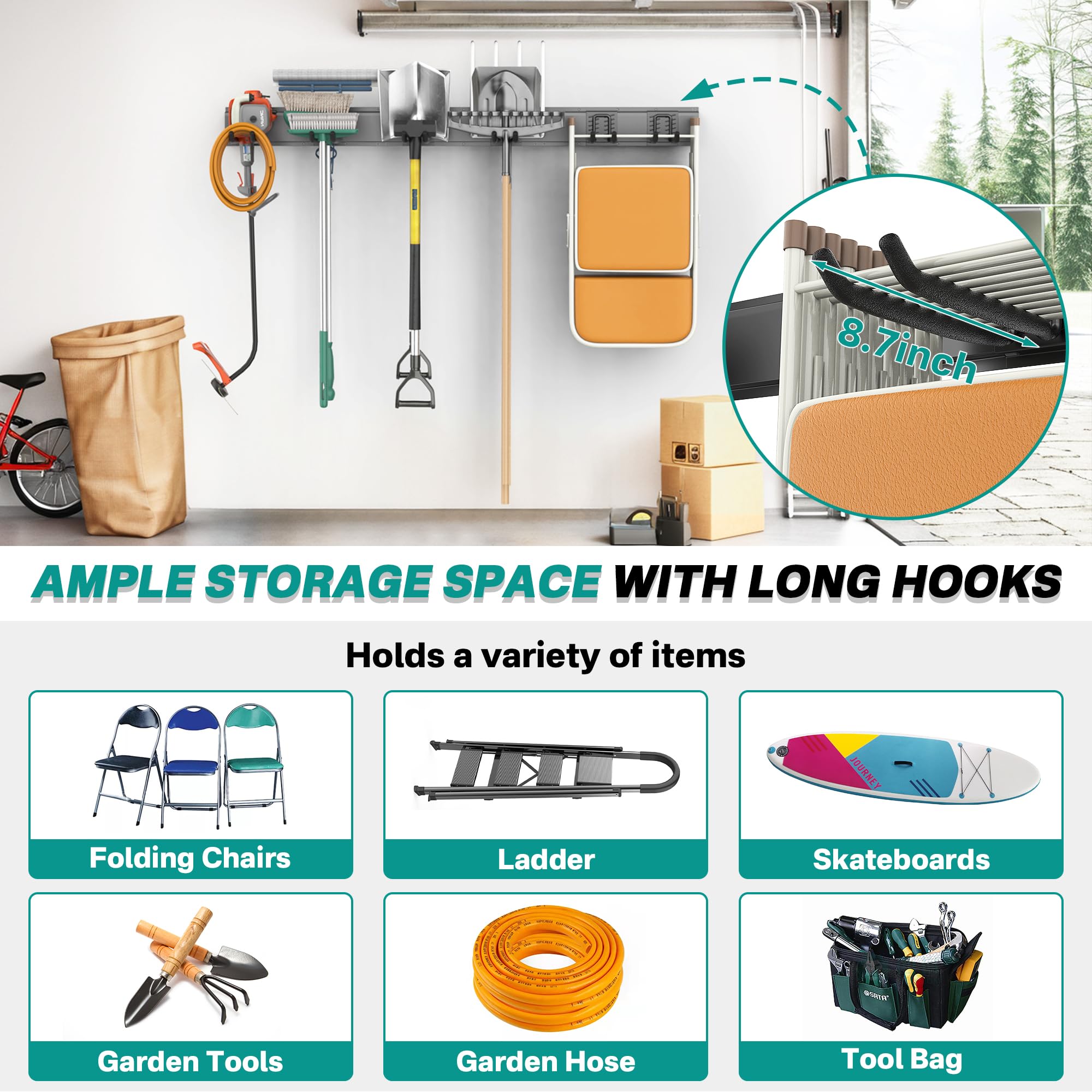 EVERHANGER Organiseur de rangement pour outils de garage, support mural pour outils de jardin, cintres pliants robustes avec 12 crochets réglables, charge maximale de 408,2 kg, 243,8 cm