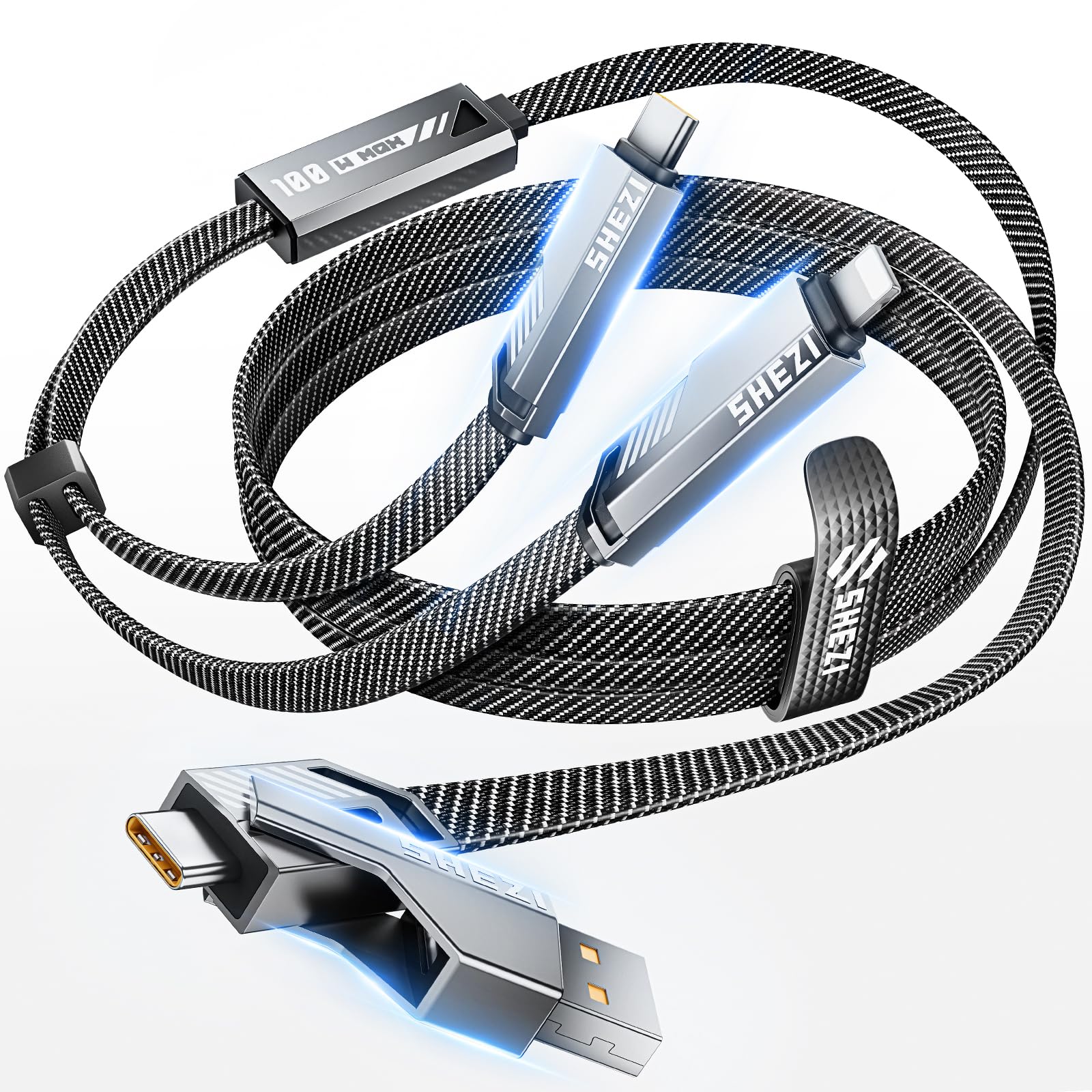 SHEZI Multi USB C Cable 4-in-1 100W Charging Cable [Fast Charging & Data Sync] Flat Nylon Braided Multiple Charger Cord with Lightning/Type C/USB A