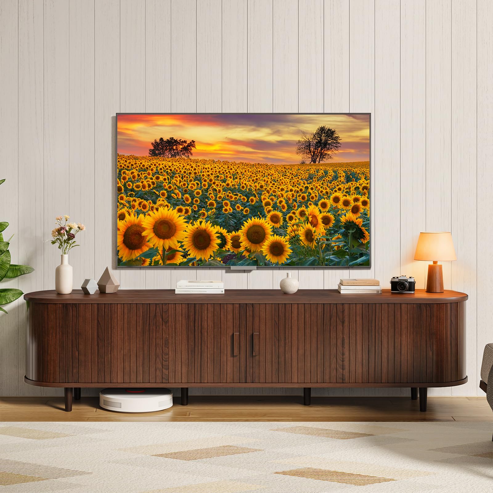 Photo 1 of **damaged**MXV 70" Mid-Century Modern TV Consoles with Sliding Doors, TV Stand with Power Outlet, Fluted Entertainment Center with Adjustable Shelves, for Living Room