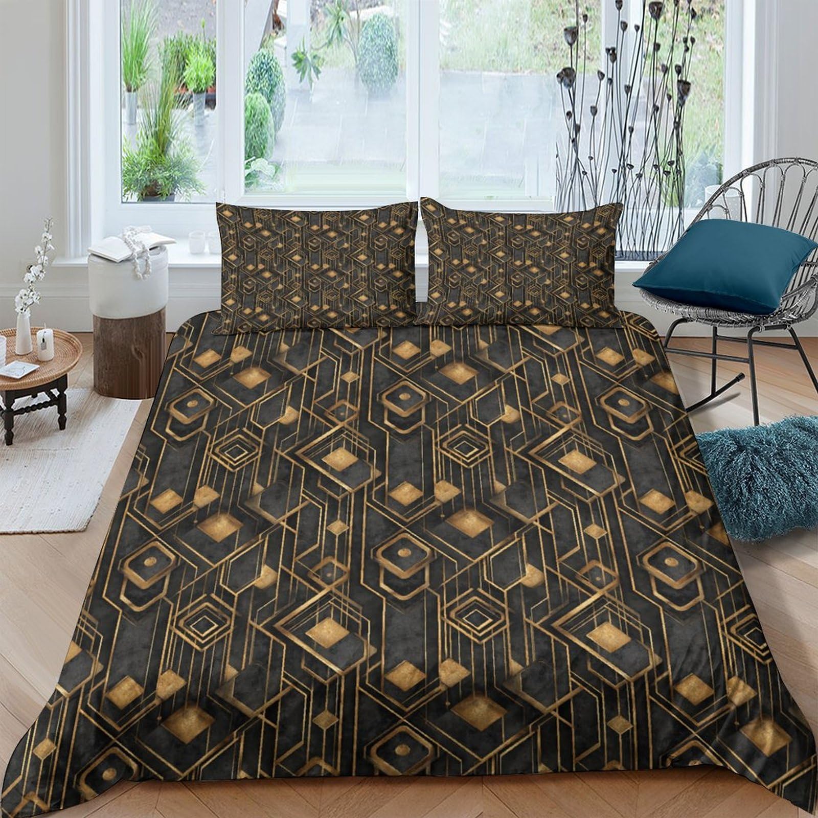 Ctjqhvkz Style-5 3D Printed Art Deco Geometric Fitted Sheet Microfiber Soft Black Gold Mattress Cover For Bedroom Guest Room Decor Single（135X200cm）