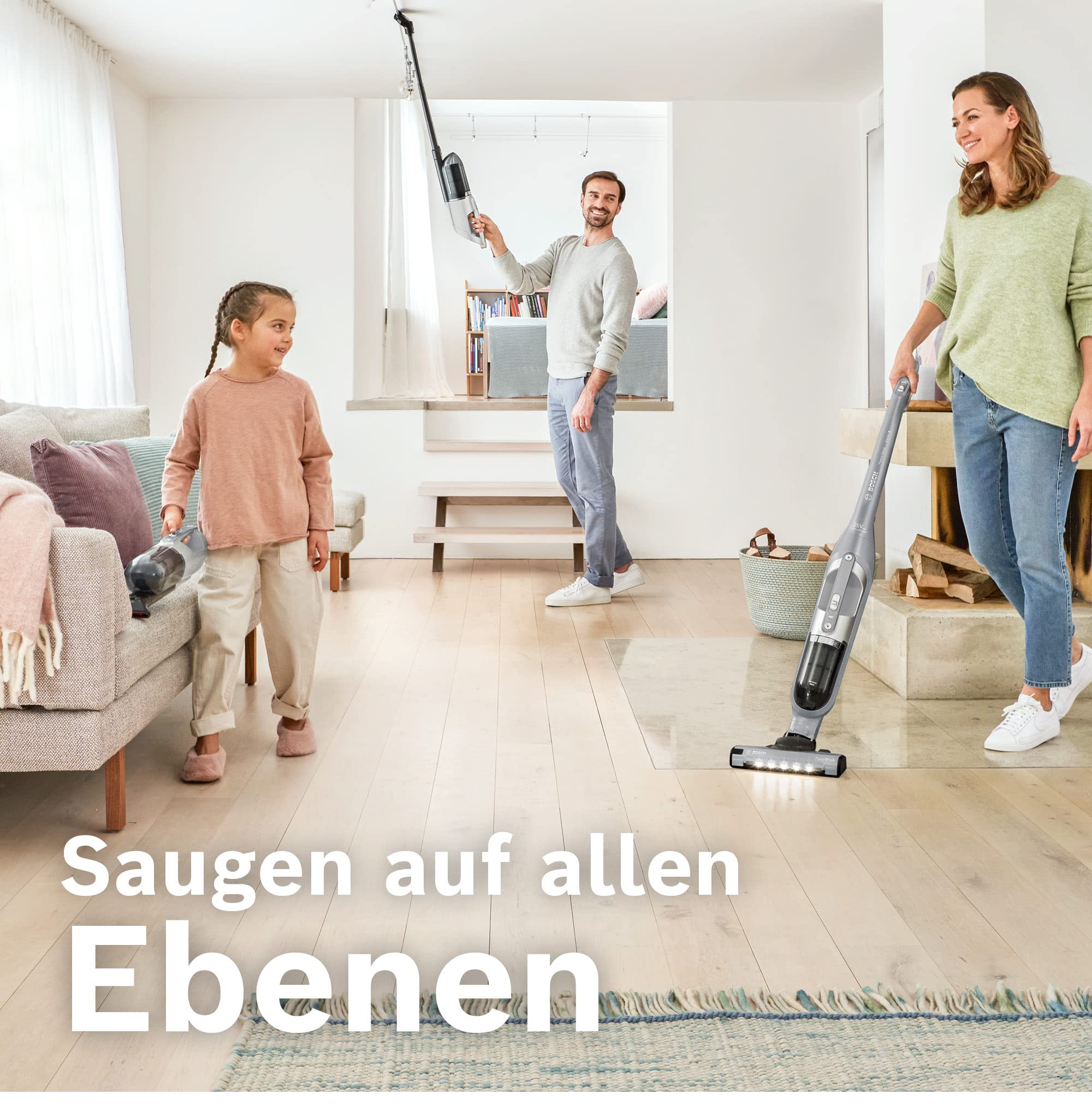Bosch Akku-Staubsauger Flexxo 2in1 Serie 4 BBH3K2801, kabelloser Handstaubsauger, beutellos, hohe Saugleistung, Lange Laufzeit, Düse mit LED-Beleuchtung, alle Bodenarten, Silber