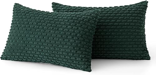 Miniatura 6 de MIULEE - Juego de 2 fundas de cojín decorativas navideñas, verde ejército, de corduroy suave, con rayas estilo boho, decoración del hogar estilo