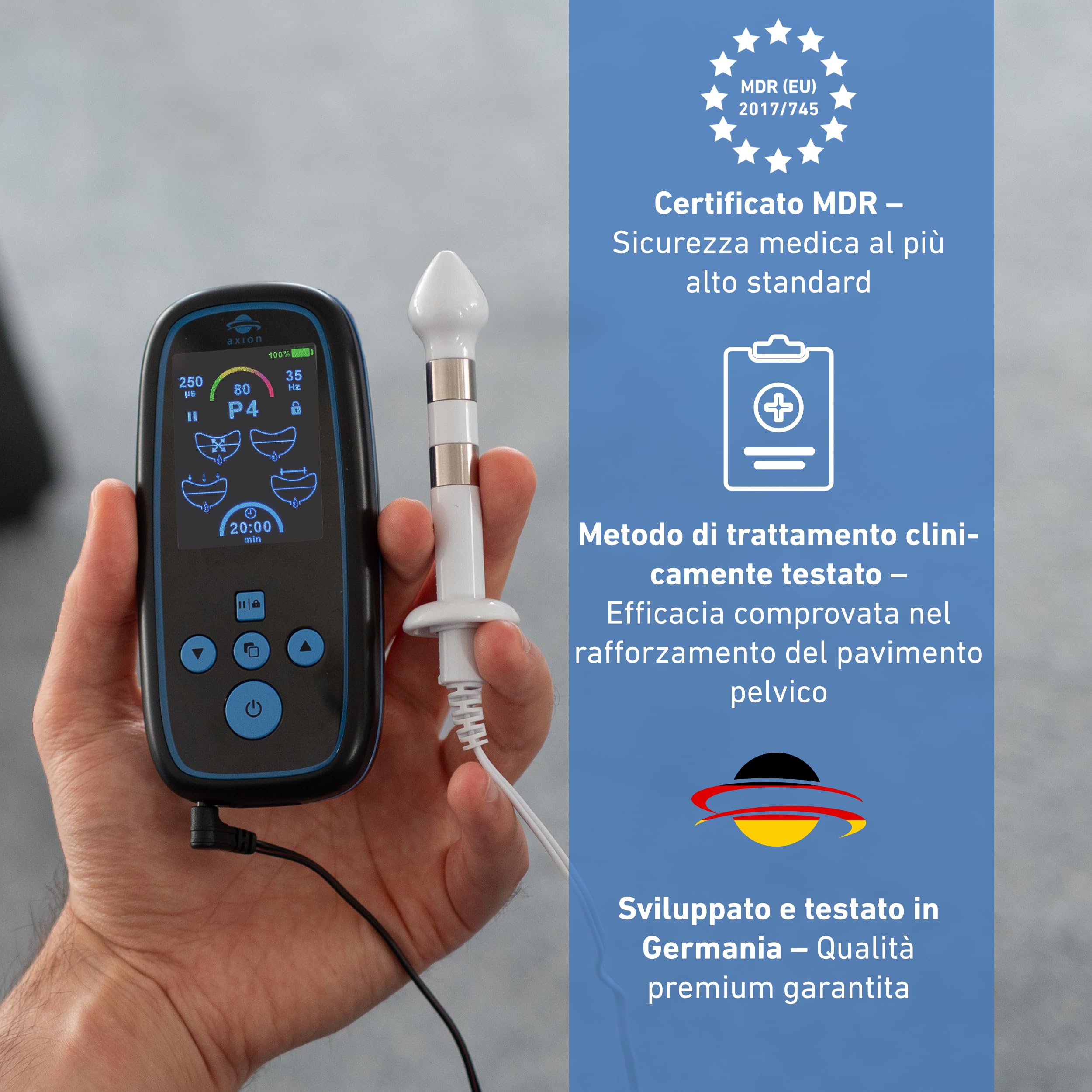 Stimolatore del pavimento pelvico axion® I-3000 per uomini | Dispositivo EMS con sonda per incontinenza e controllo della vescica | 4 programmi, 80 intensità, USB-C – Medico certificato