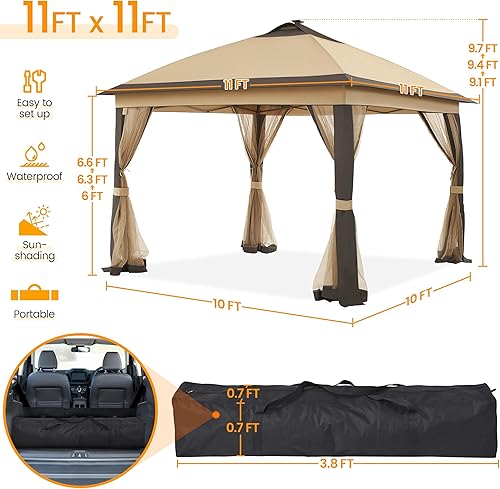 Miniatura 4 de Yaheetech Carpa instantánea desplegable de 11 x 11 pies con 17 luces LED solares y red de malla con cremallera, refugio al aire libre con sacos