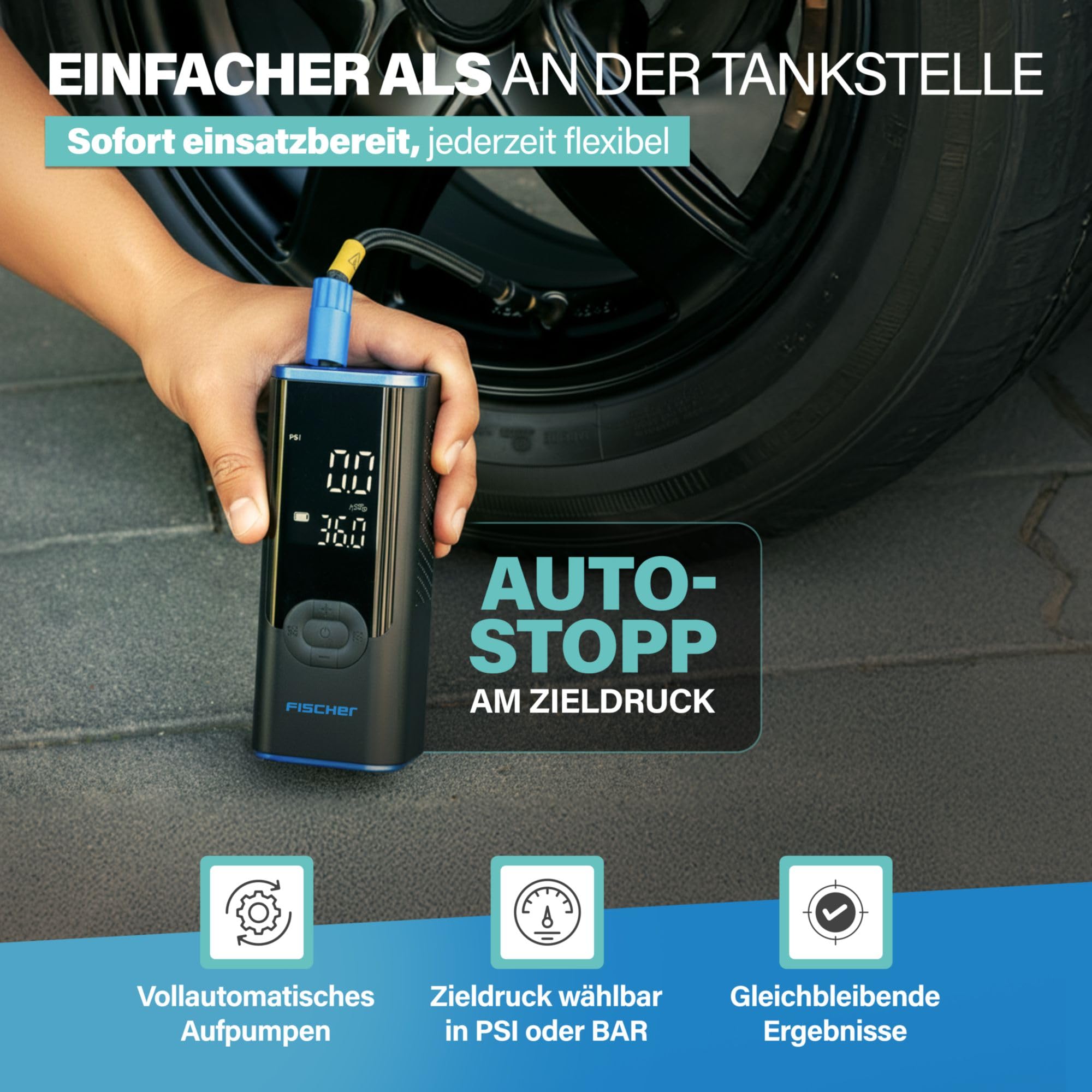 Fischer Akku-Kompressor AP Power Duo inkl. Powerbank, schnelles Aufpumpen, Einstellbarer Zieldruck mit Autostop, Taschenlampe mit SOS, Druck und Batterieanzeige, 3 bis 150 PSI, 12 V Autoanschluss