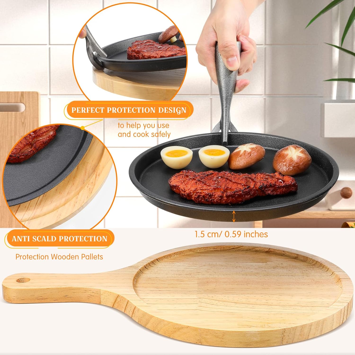 Mimorou 4 Sets Cast Iron Fajita Plate Set 9.45'' Fajita Plate Pan with Wooden Tray Anti Scald Protection Handle Cast Iron Skillet Set for Restaurant Home BBQ Party Restaurant