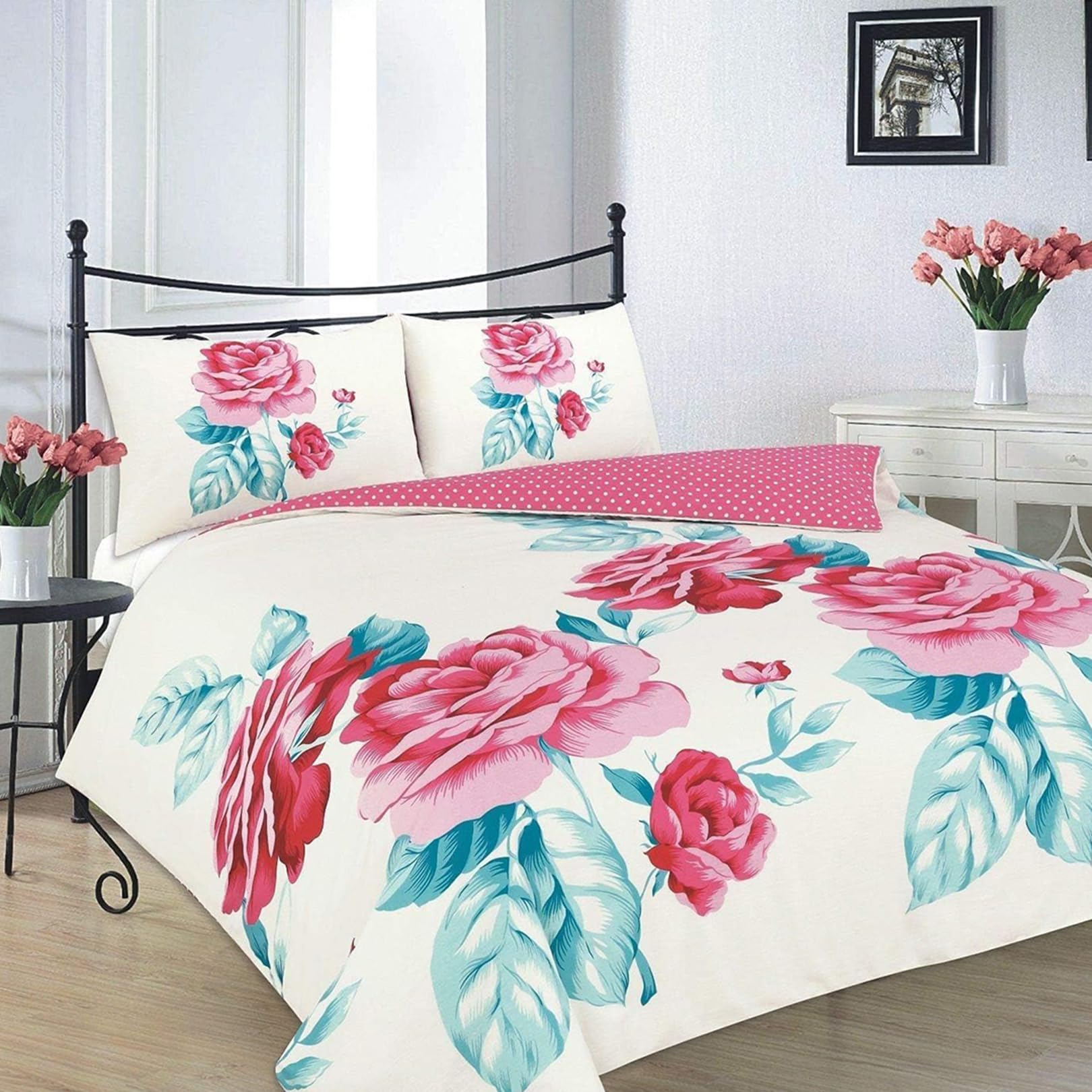 Egypto Isabella Teal Luxury Printed Flower Design Double Duvet Cover Set With Matching Pillowcases Bedding, Floral Duvet Cover Set (, Double)