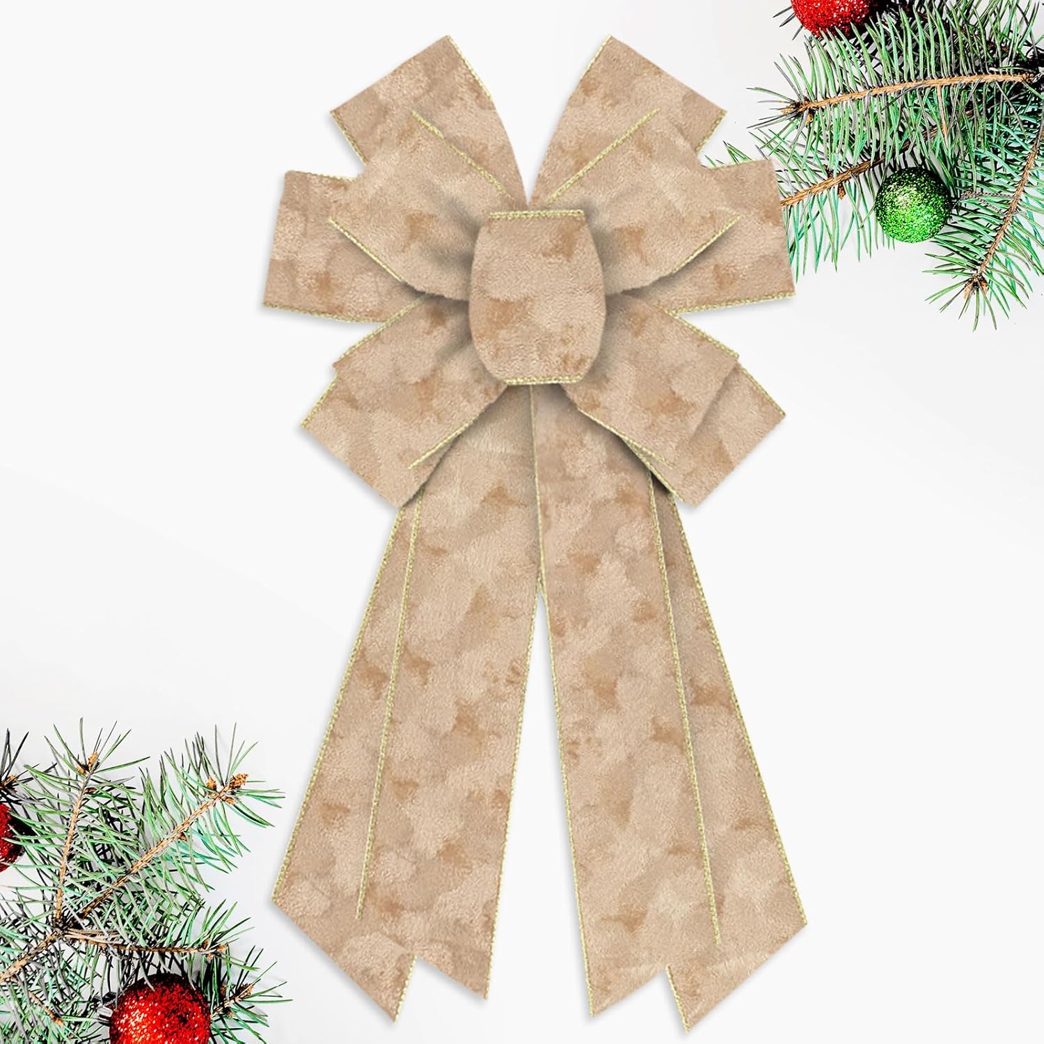 Luxury Beige Velvet with Gold Trim Christmas Wreath Bow - Extra Large Christmas Decor for Front Doors, Holiday Trees & Festive Indoor Outdoor Decorations, 11.42x20.87 Inch