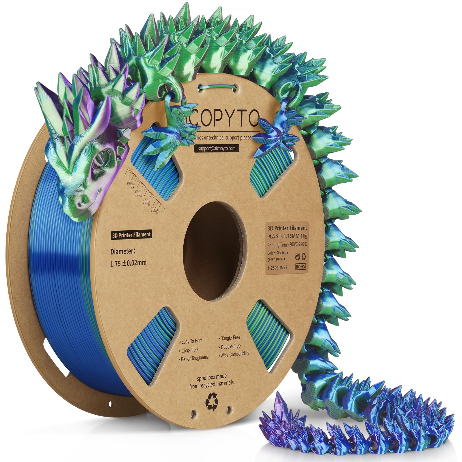 3D Printer Silk PLA Filament 1.75mm, Shiny Triple Color Blue Green Purple, Dimensional Accuracy +/- 0.02 mm, 1KG (2.1lbs)/Spool Easy to Print for Most FDM 3D Printers