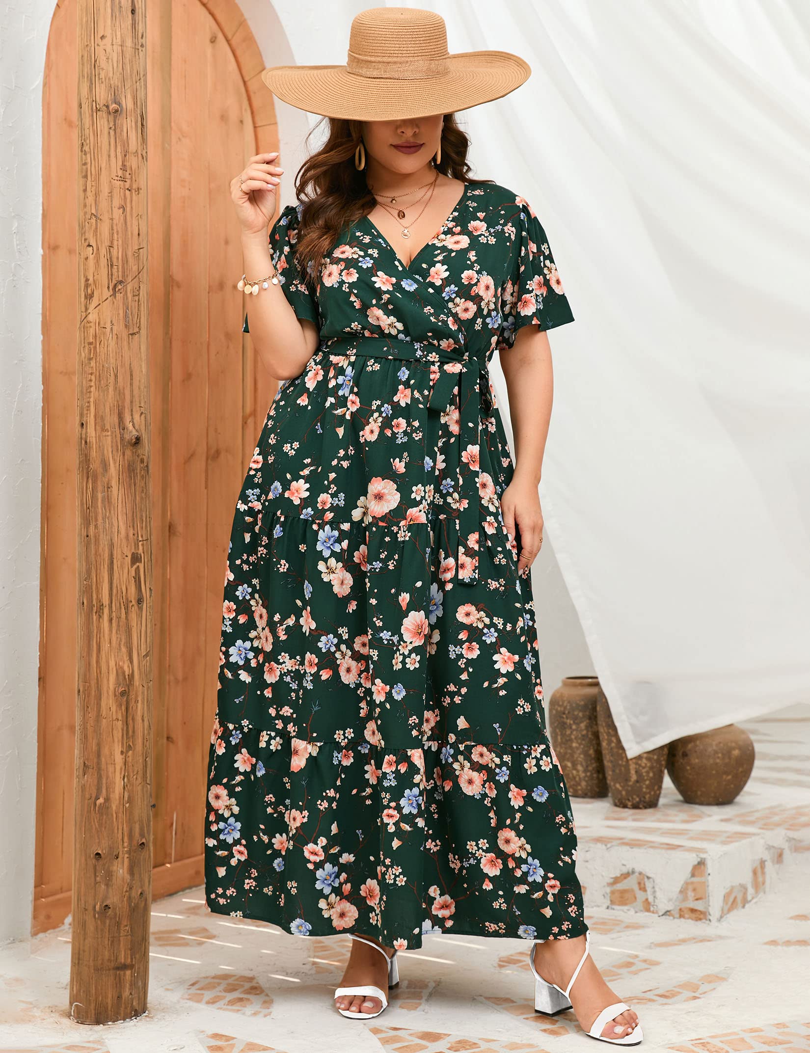 ShopWonder Damen Womens Plus Size V Neck Wrap Maxi High Waist Ruffle Summer Casual Dress with Belt Kleid