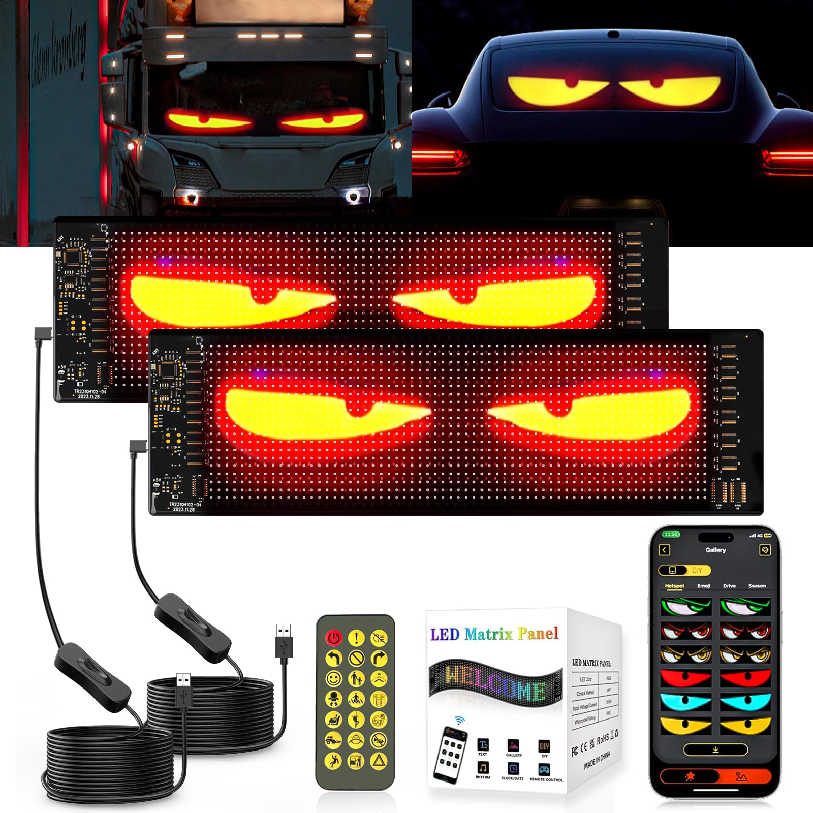 Occhi LED per Camion, Luci Devil Eyes per Auto, Display LED Flessibile Grande Programmabile per Auto, Camion, Negozi, Design Dinamico Fai-da-Te, Cartello Pubblicitario (2pz 10.2x34.8cm)