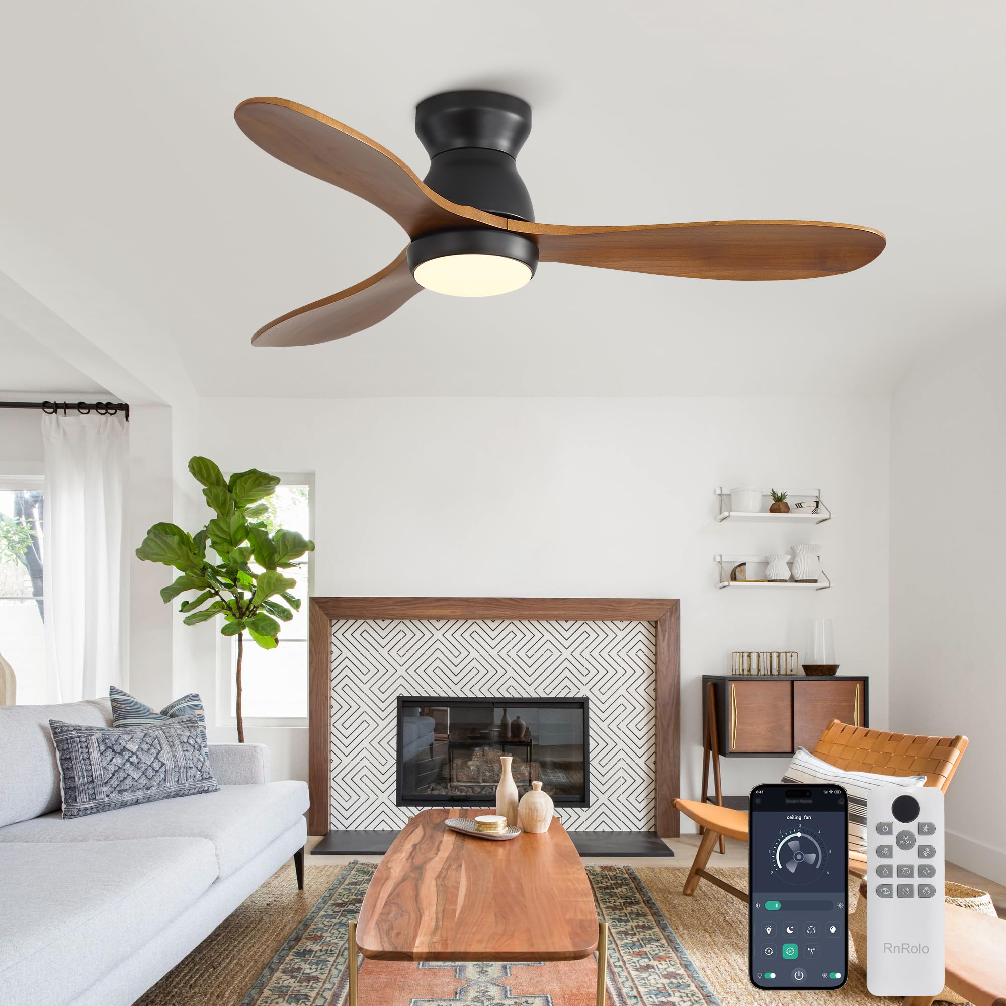 Photo 1 of RnRolo 42 Inch Ceiling Fan with Light and Remote & APP Control, 3 Wooden Blades, 6 Wind Speeds, Quiet DC Motor, Indoor Flush Mount Ceiling Fan for Bedroom Living Room Farmhouse Patio