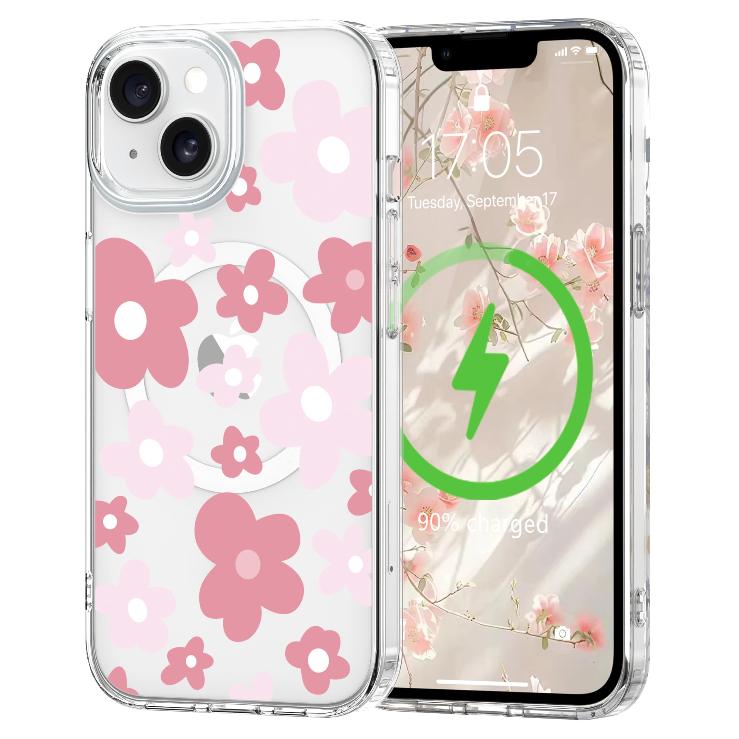 L-FADNUT Magnetisch Hülle für iPhone Kompatibel mit MagSafe, Transparent Blumen Muster Handyhülle Hart PC Rückseite Dünne Stoßfest Kratzfestes Schutzhülle Case für iPhone