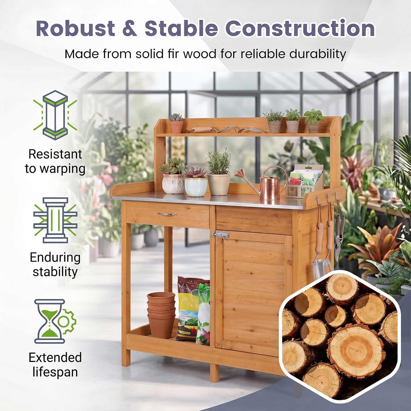 RELAX4LIFE Table de Rempotage en Bois 125CM, Table de Jardinage (Naturel) | avec Plateau Ouvrable en Métal, Étagères Tirroir Armoire Ouverte 3 Crochets, Plan de Travail pour Terrasse Jardin Porche