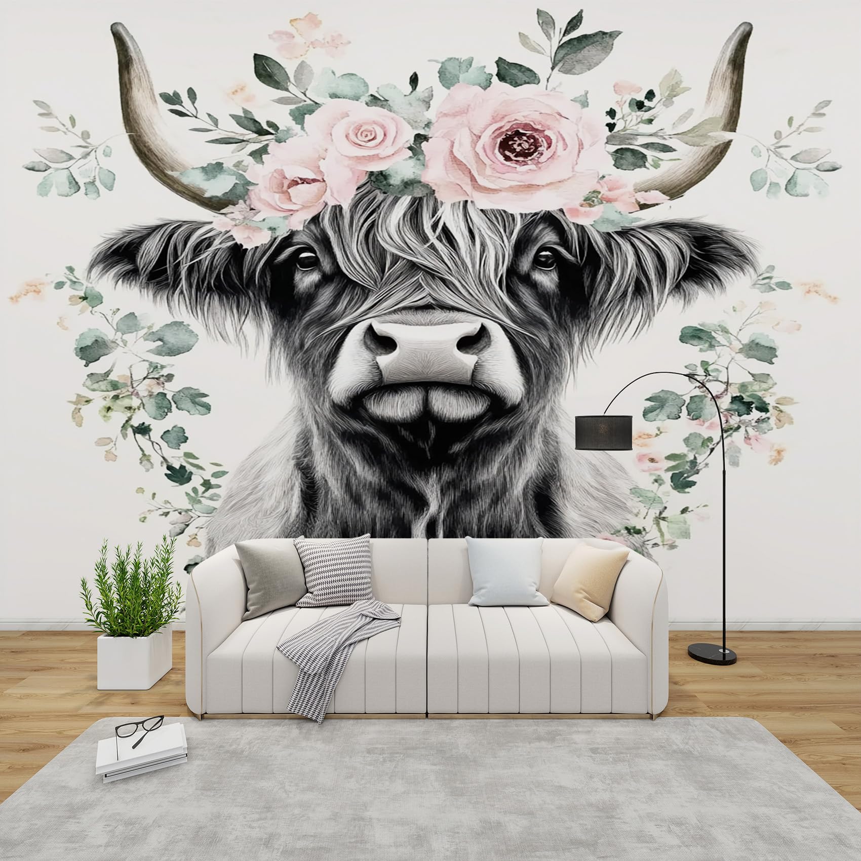 QEODAH Highland Cow Wallpaper for Living Room, Farm Animal Wall Art for Bedroom, Pink Rose Leaves Wall Murals for Bedrooms, Renter Friendly Removable Waterproof Photo Wallpaper 3D, 250x175 cm