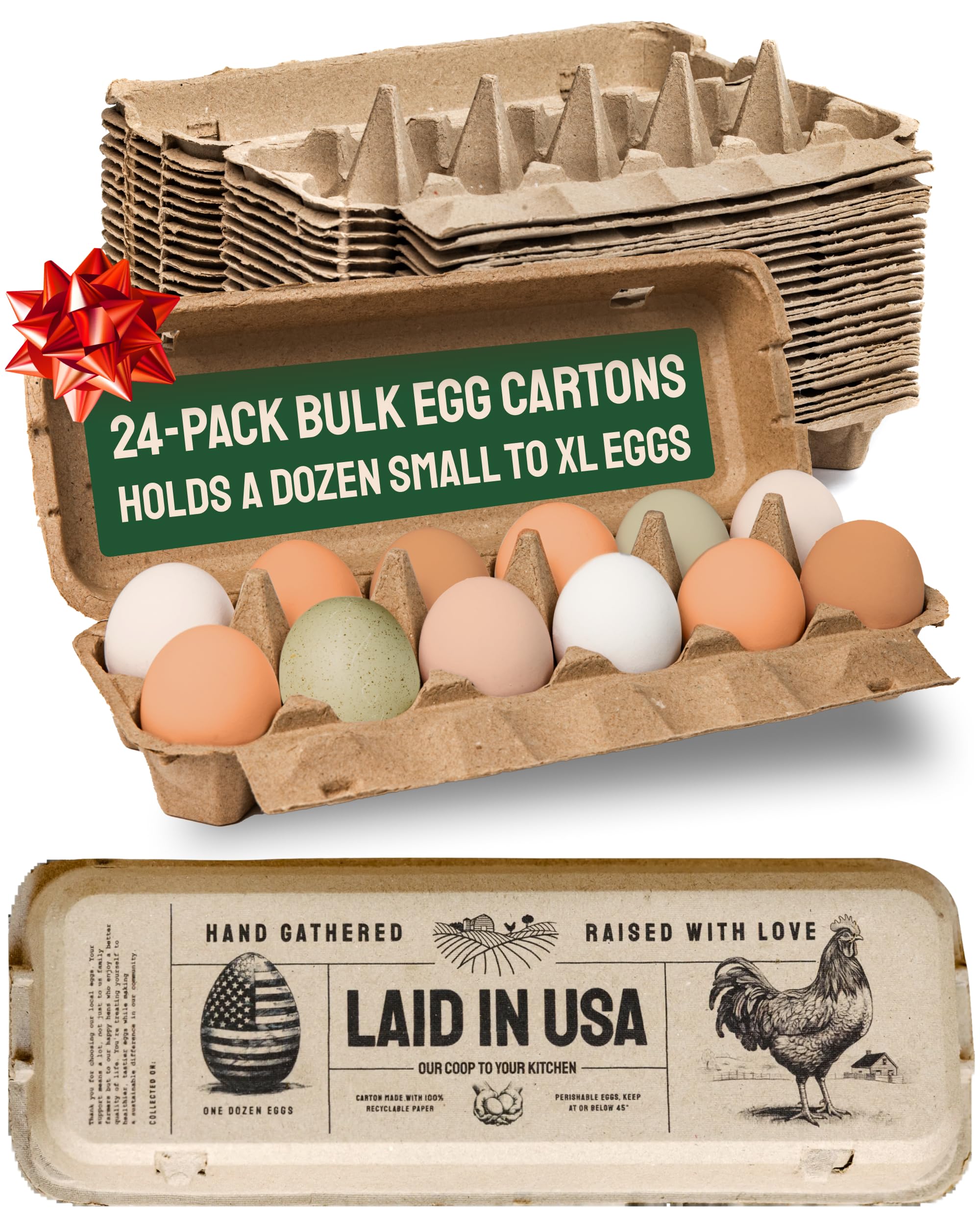 Hatortempt Bulk Egg Cartons - 24-Pack, Reusable 12-Count Basket - Recycled Paper Pulp Protection & Ventilation - Fits Small to XL Sizes - Cardboard Dozen Egg Carton Basket