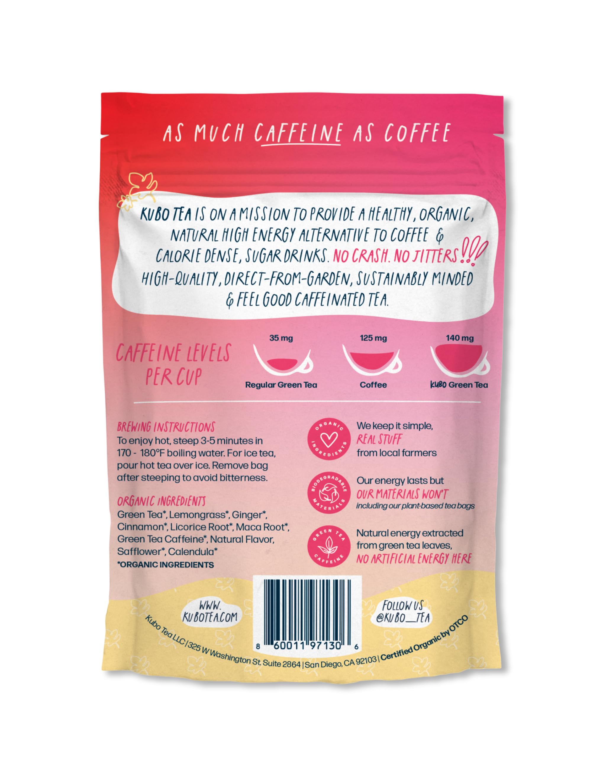 High Caffeine Tea 140 mg - Kubo Tea Organic Maca Passion Fruit Green Tea Bags for Clean Energy — view 7