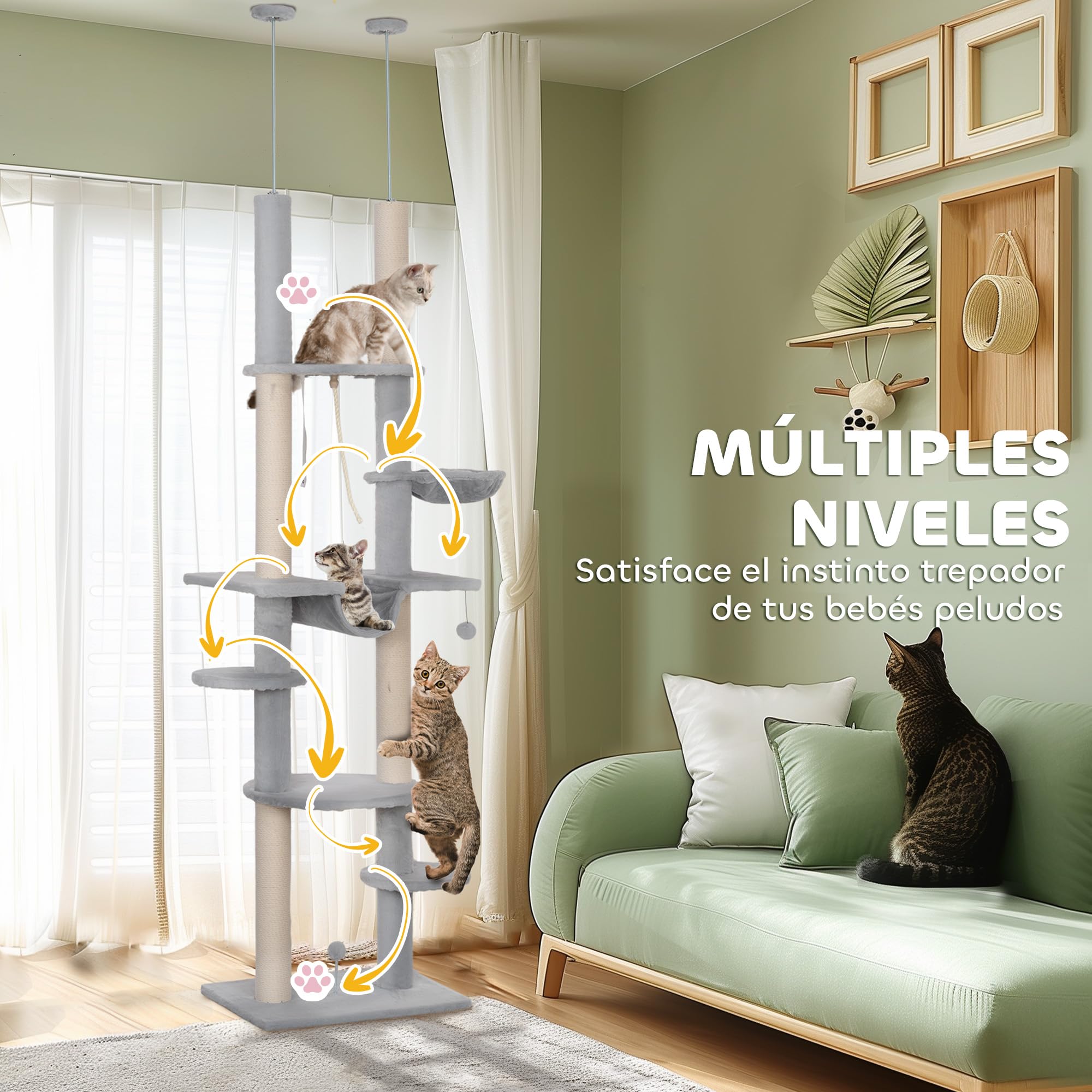 PawHut Árbol para Gatos de Suelo a Techo 225-255cm 7 Niveles Rascador Gris | Torre para Gatos, Hamacas, Plataformas, Juguete de Cuerda, Bola de Juguete