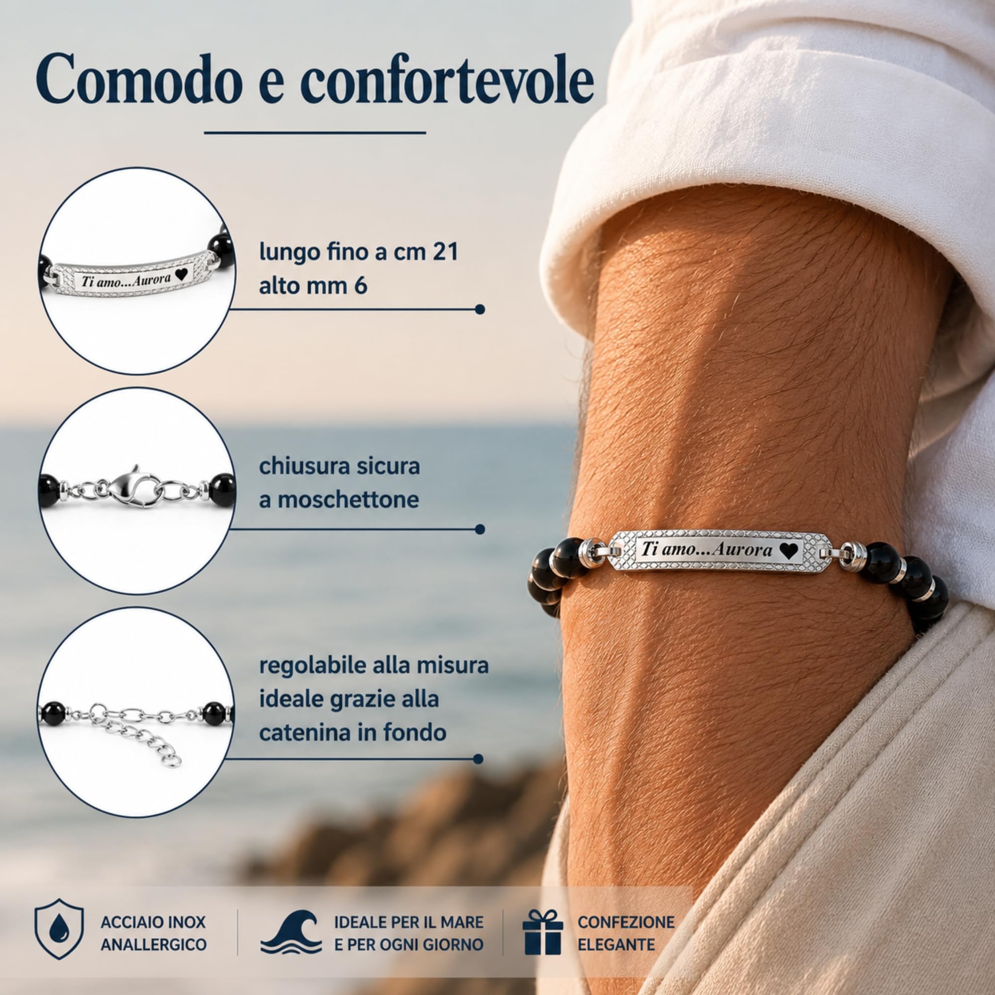 Bracciale Uomo Personalizzabile con Incisione in Acciaio Inox e Pietre Dure Onice Nera – Gioiello Maschile Personalizzato con Frasi e Date – Idea Regalo Uomo