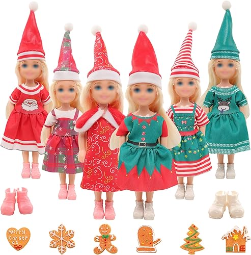 Miunana Juego de 20 piezas de ropa y accesorios de muñeca de Navidad para 6 vestidos y trajes, 6 sombreros, 2 pares de zapatos, 6 mini alimentos
