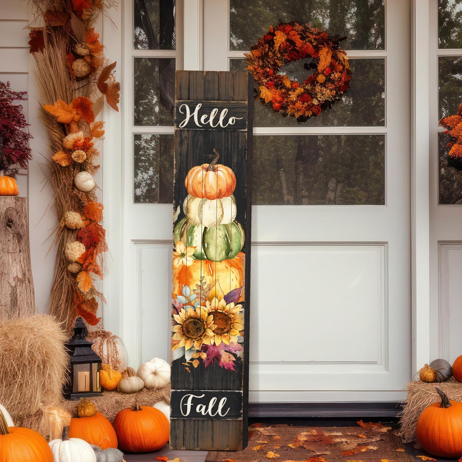 Farmhouse Thanksgiving Porch Signs Outdoor 47" Wooden Fall Thanksgiving Porch Decorations for Home Large Sunflower Pumpkin Fall Vertical Sign Outside Decoration for Autumn Party Decor Home Pumpkin Flower Brown