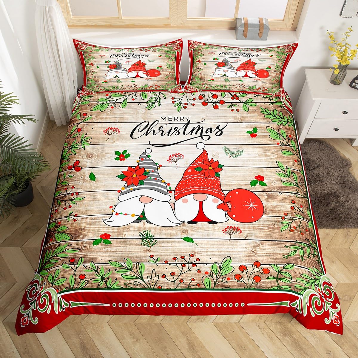 Christmas Gnomes Duvet Cover Set Super King Size, Red Flower Green Leaves Print Comforter Cover with 2 Pillowcases, Rustic Wooden Plank Bedding Set 3pcs for Kids Boys Girls New Year Bedspread Cover