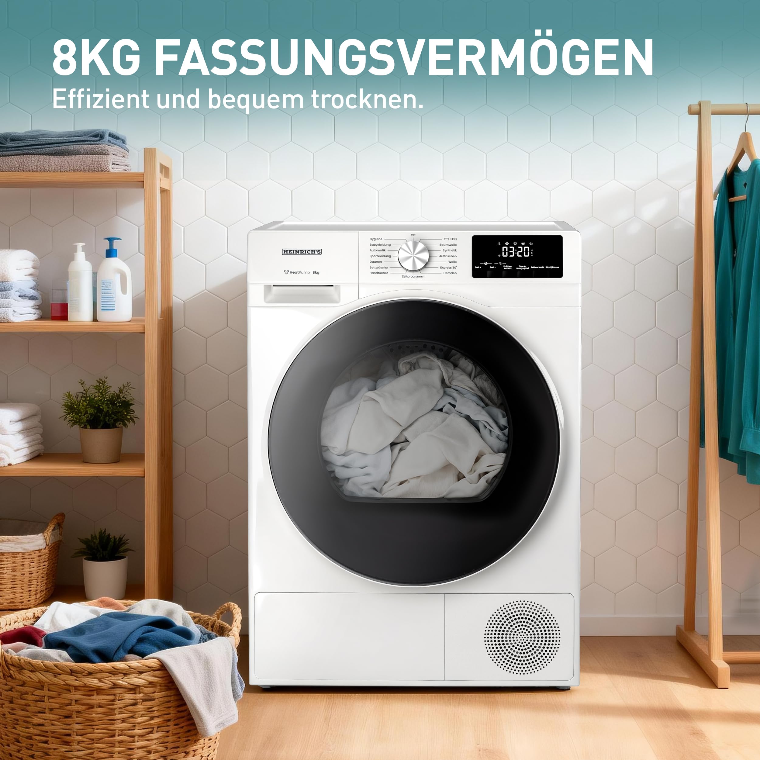 Heinrich´s Wärmepumpentrockner, 8 kg, Frontlader, Schnelltrocknung, 15 Programme, Sensor Trocknung, LED-Display & Drehregler, Edelstahl-Schontrommel, schlankes Design, weiß