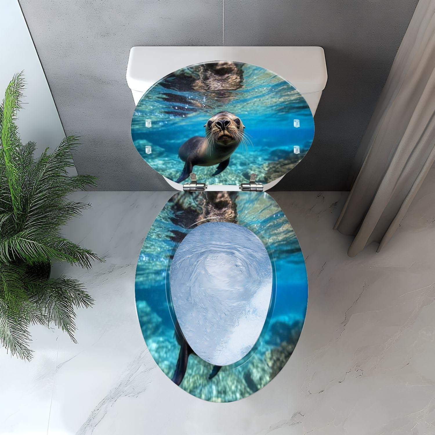 Asiento de inodoro alargado de resina con tapa para uso en el baño.
