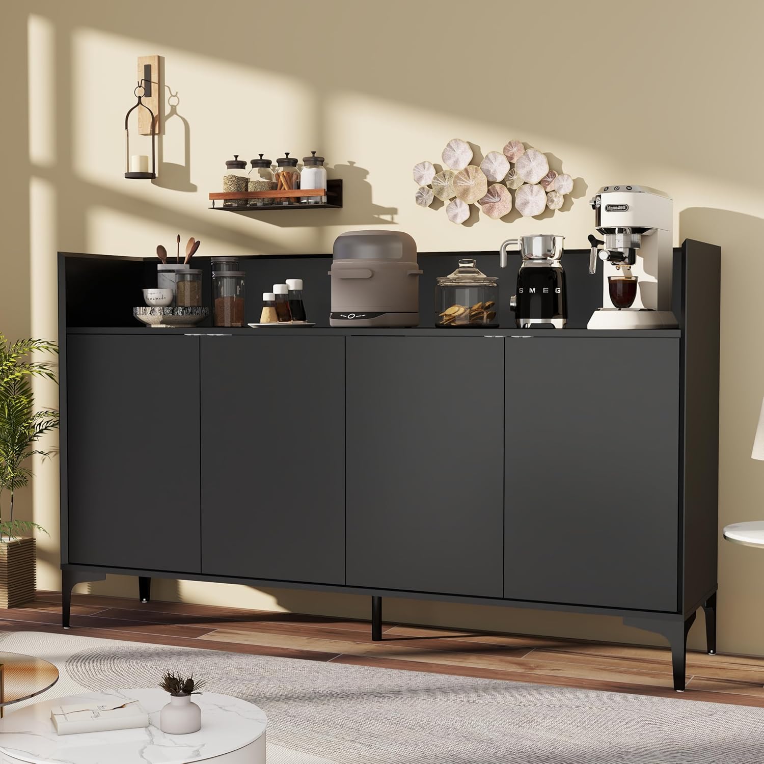 Buffet Sideboard Cabinet with Storage: 63" Black Wood Buffet Cabinet with 4 Doors, Kitchen Sideboard for Living Room, Modern Console Accent Cabinets (Black)