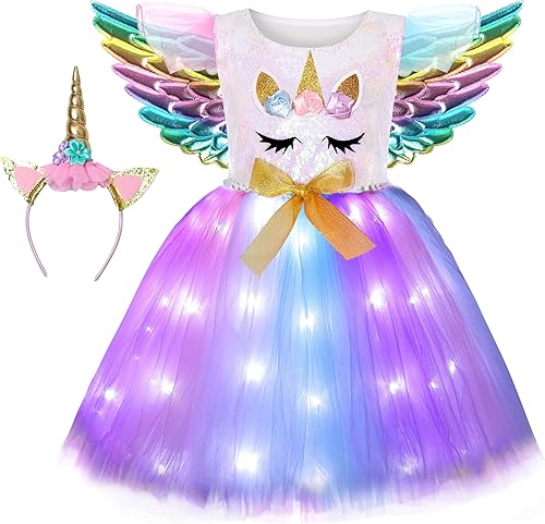 Miniatura 10 de Soyoekbt Girls Unicorn Costume LED Light Up Unicorn Princess Tutu Dress for Birthday Party Halloween with Headband Wing