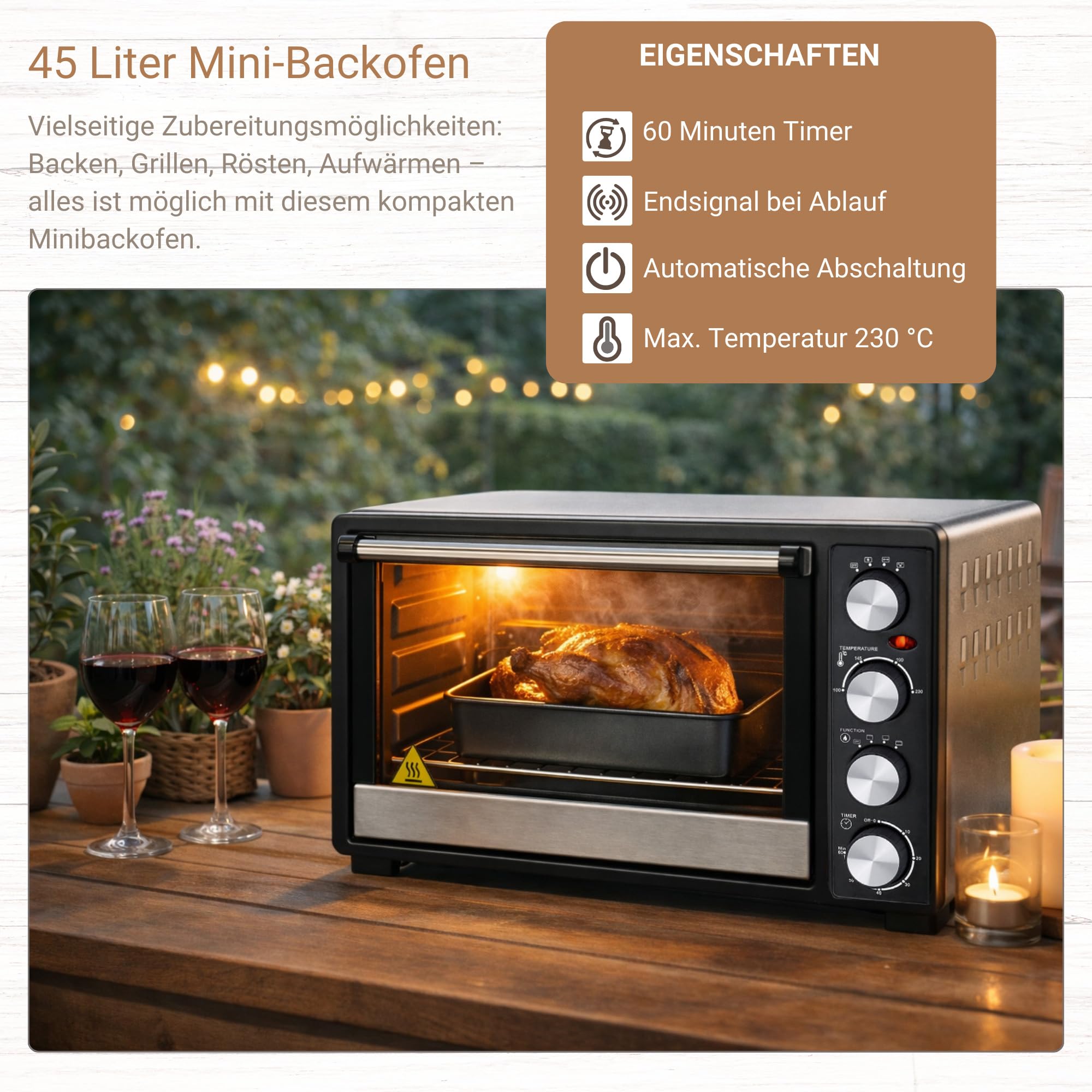 Syntrox Germany 45 l Kleiner Mini Backofen Budisu | Miniofen | Pizzaofen | Pizzabackofen, 2000W, für kleine Küchen, mit Timer, mit Glastür und Zubehör, für Zuhause