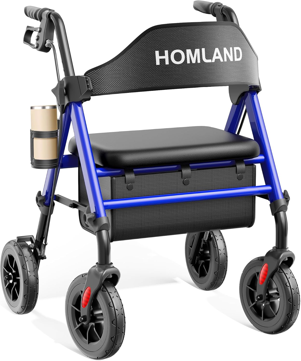 HOMLAND Walkers for Seniors with Seat, Foldable Rollator Walker, Reinforced Aluminum Frame, 8" Big Rubber Wheels for All Terrain, Height Adjustable Lightweight Rolling Walker 400 Pound Blue