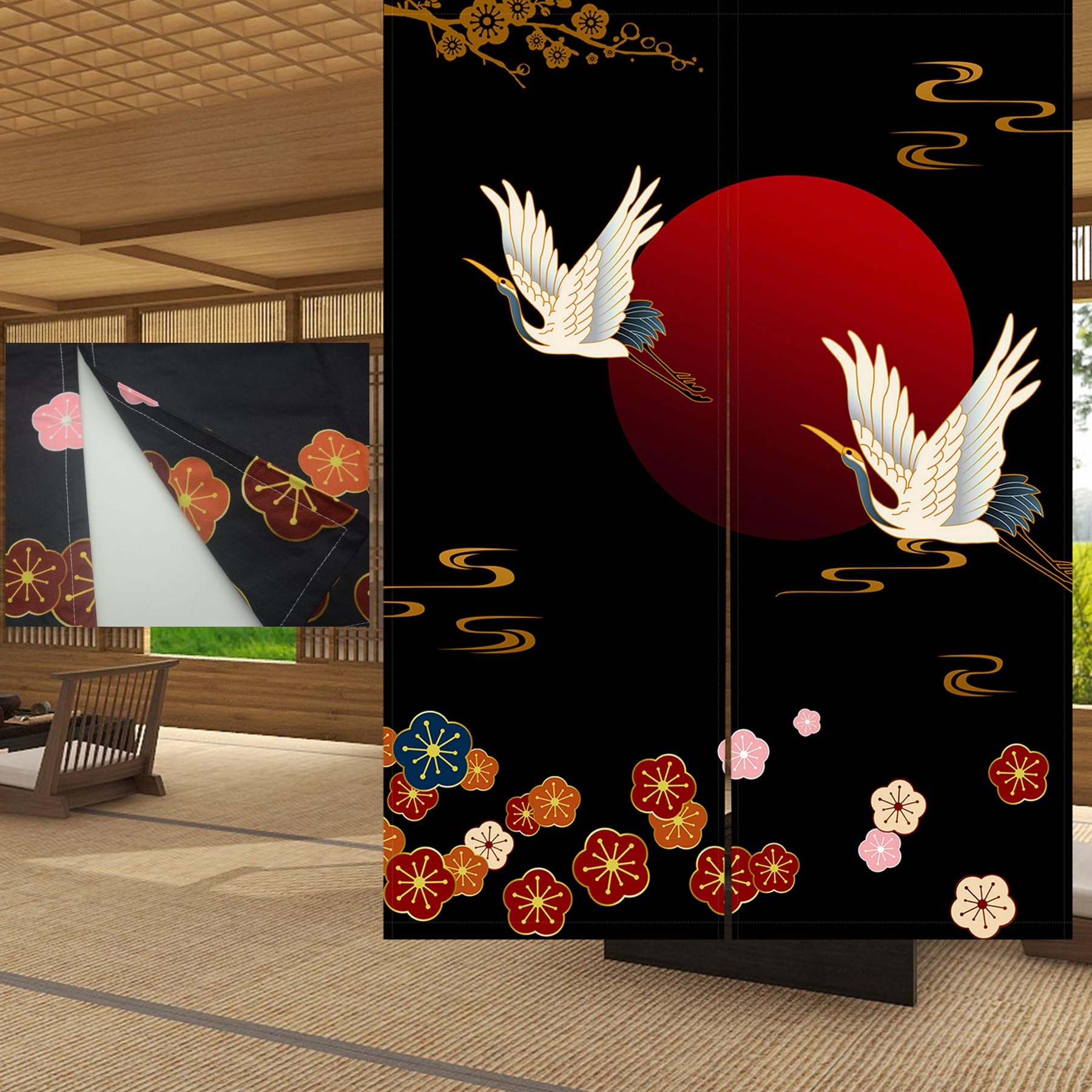 LIGICKY Noren Doorway Curtain Japanese Style Thicken White Cranes Red Sun Gold Colourful Cherry Blossom Printed Window Treatment Door Tapestry for Home Decoration 33.5 x 47.5 inch