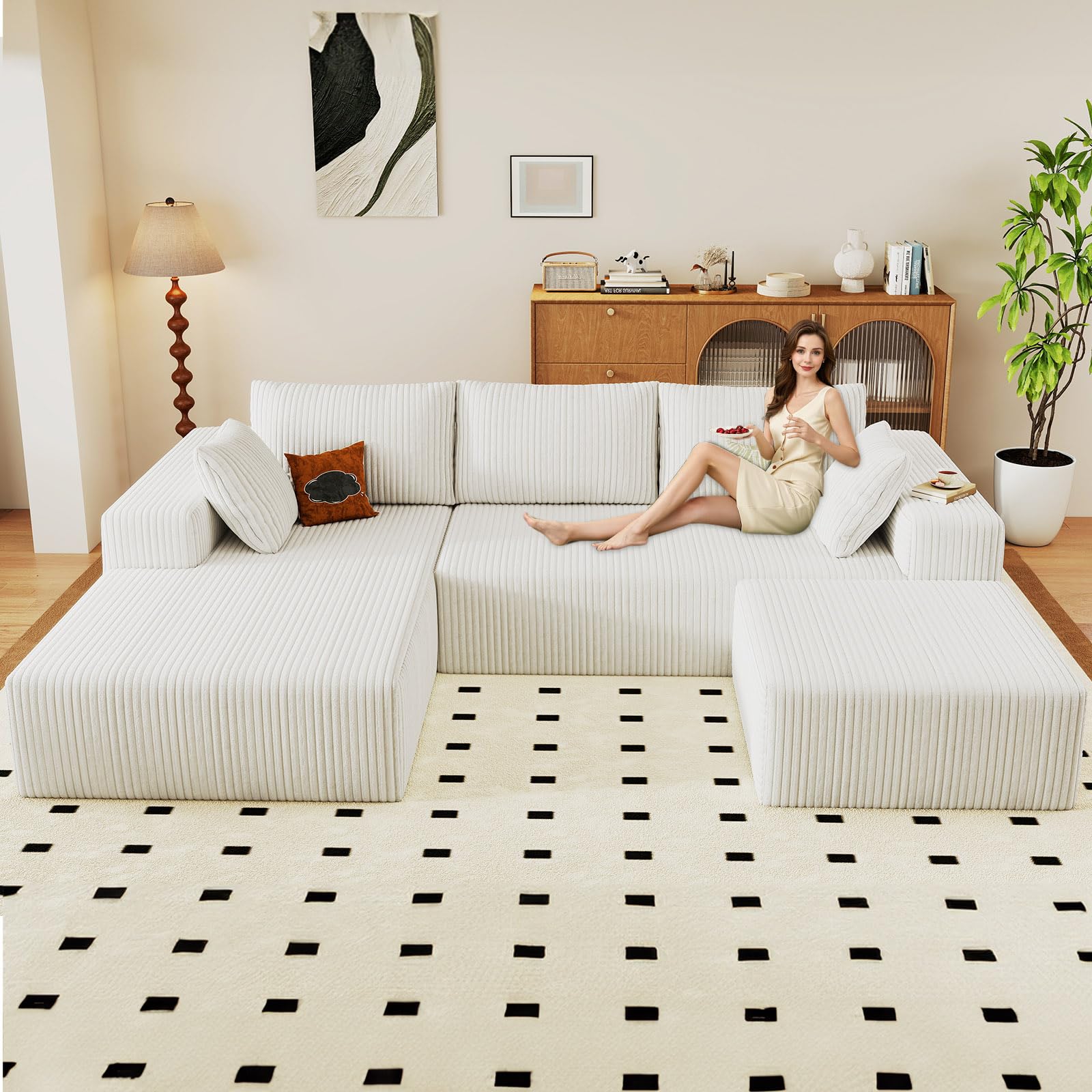 96" U-Shape Cloud Couch, Modern Modular Sectional L-Shape Sofa with Ottoman, Corduroy Upholstered Couches Deep Seat Sleeper Chaise Longue for Living Room, No Assembly Required(White, Left Facing)