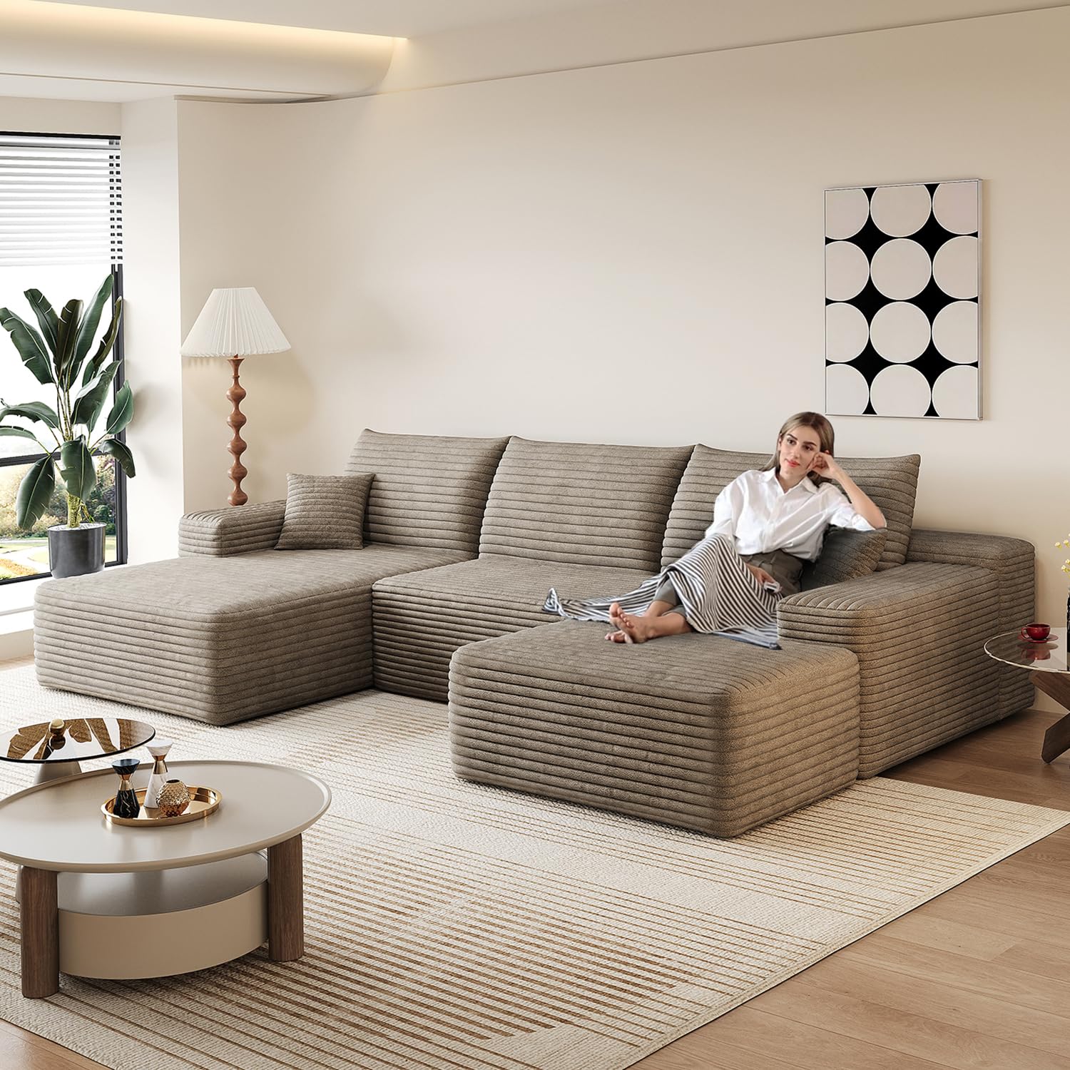 107" Comfy U-Shaped Sectional Modern Boneless Corduroy Couch with Chaise ‌and Ottoman‌ - No Assembly Required! Deep-Seat, Upholstered Modular Cloud