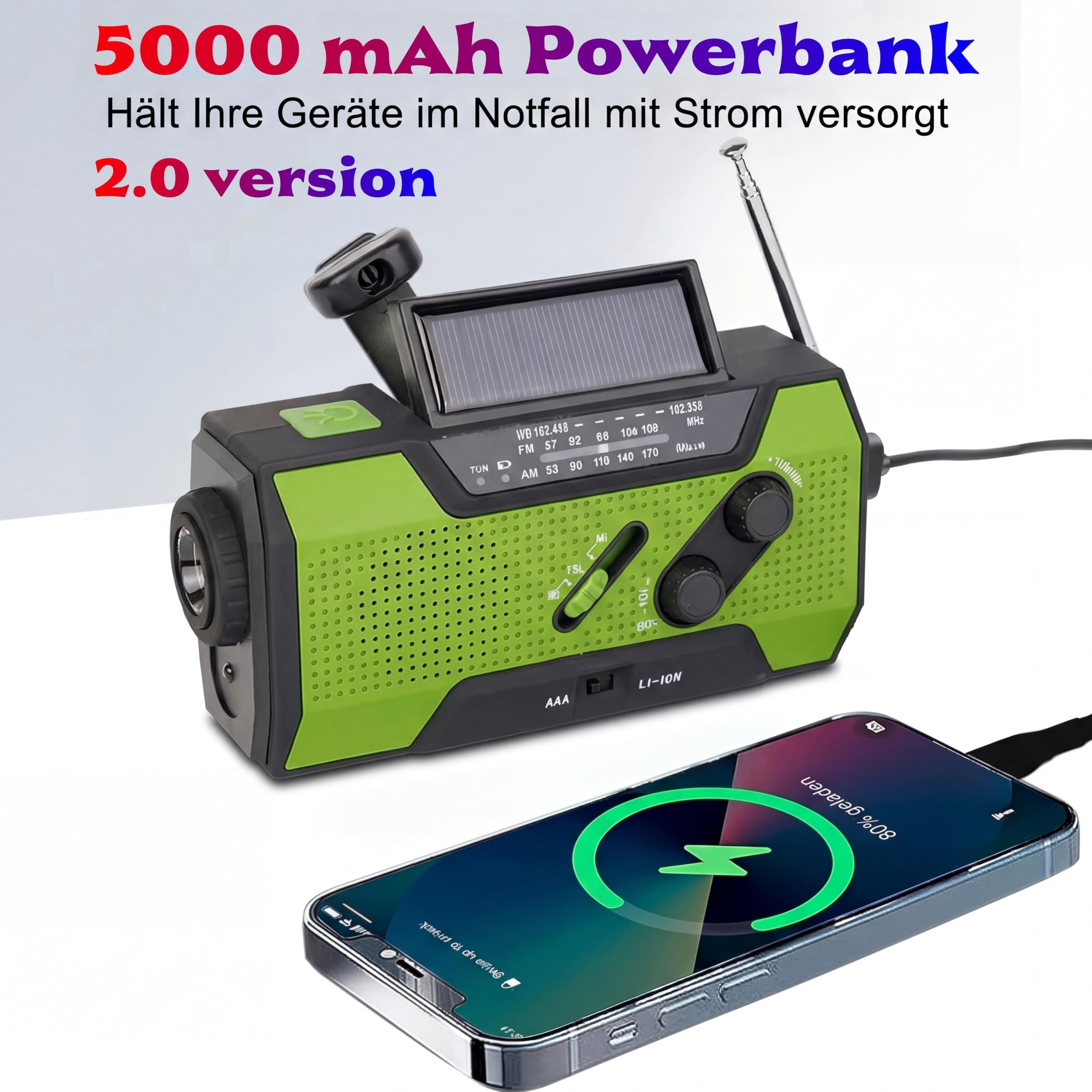 Alerskyo Emergency Radio, Upgrade Version Notfallradio AM FM NOAA mit 18500mWh 5000mAh Powerbank Tragbares Kurbelradio mit Solar Handkurbel Type C USB Aufladung SOS Alarm LED Taschenlampe IPX3
