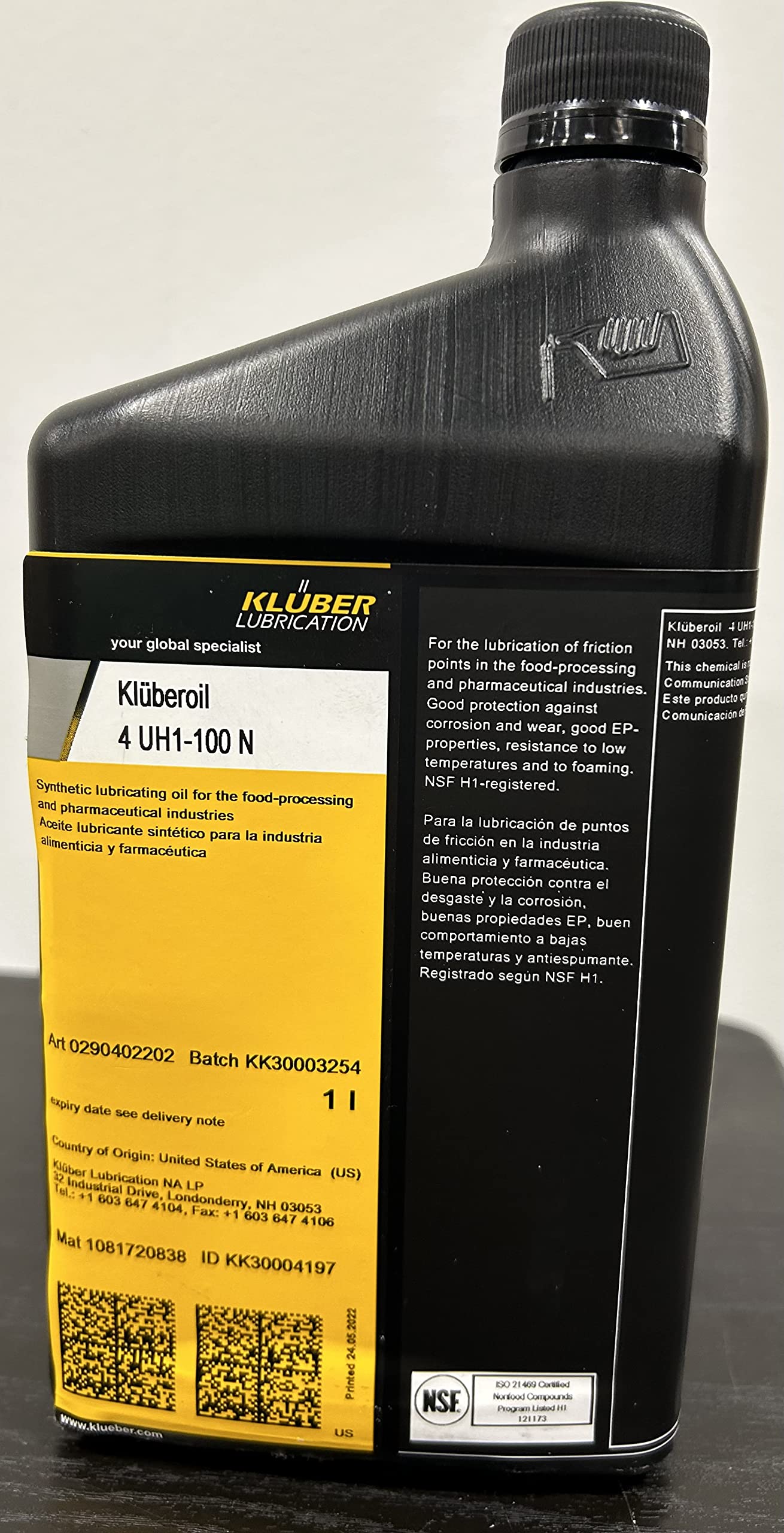 Kluber Lubrication Kluberoil 4 UH1-100 N Food Grade Gear Oil for Spur-Bevel-Worm Gears-Bearings-Spindles-Joints-Lifting-Drive-Transport Chains 1 Liter Bottle