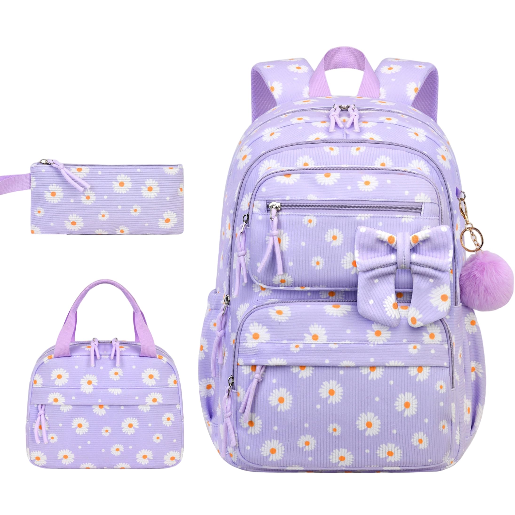 Zaino preppy, set di zaini per ragazze da 3 pezzi Borsa Kawaii con stampa floreale viola