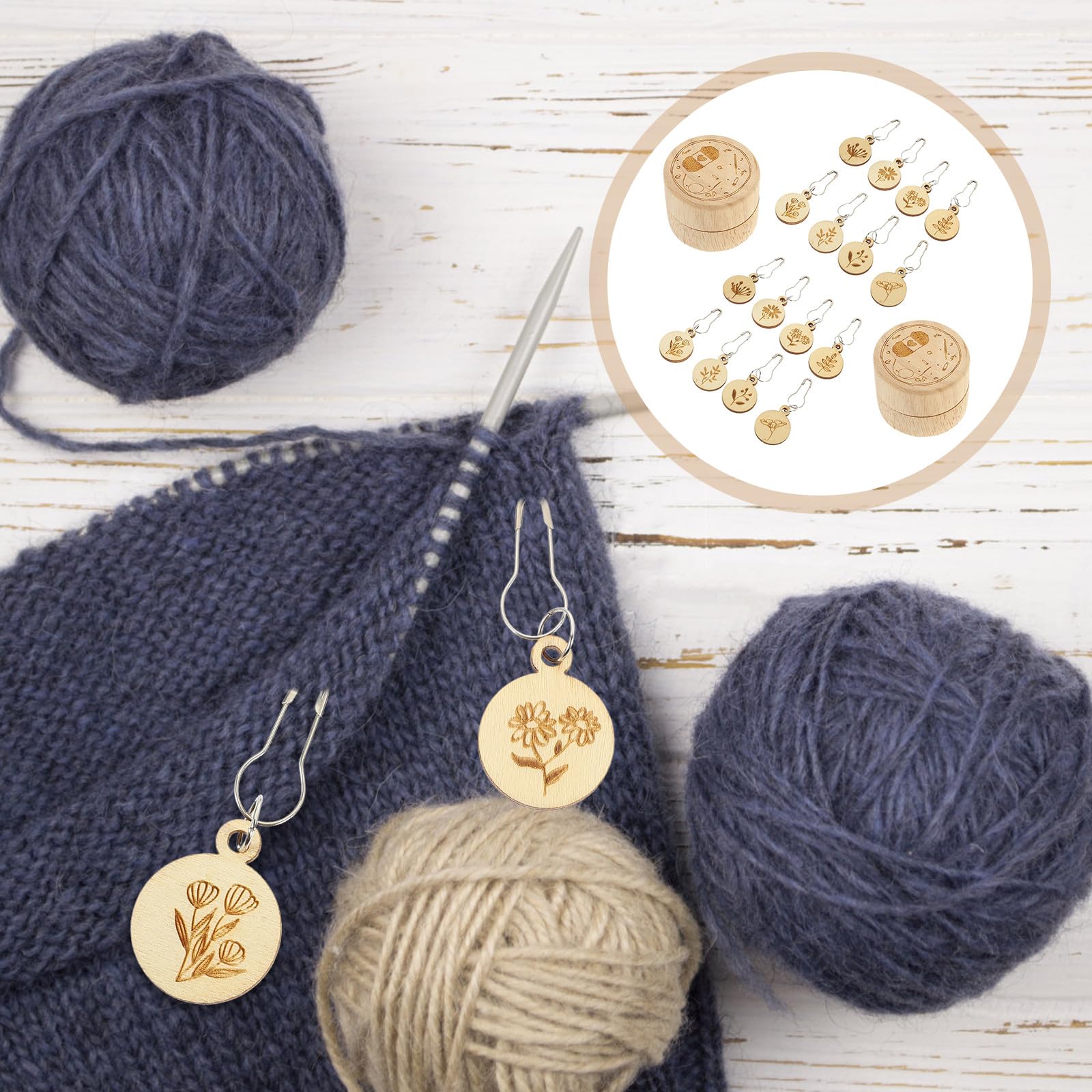 Juego de Marcadores de Punto de Madera Tallada, Redondos y Ligeros, 2 Cajas Circulares y 16 Piezas, para Tejer, Crochet y Manualidades, Portátiles y Resistentes al Desgaste