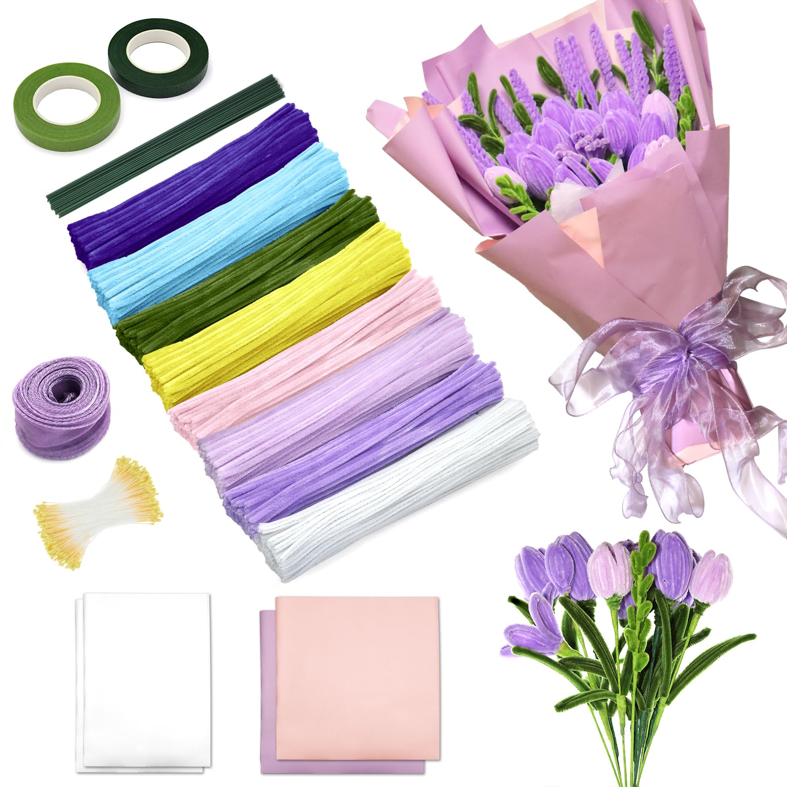 Pfeifenreiniger Set, 500 Stück 4 Farben Pfeifenreiniger Set zur Herstellung von Verschiedenfarbigen Pfeifenreiniger Sträußen, Blumenpapier, Bändern, Dochten, Stäben, kreativen Blumen DIY