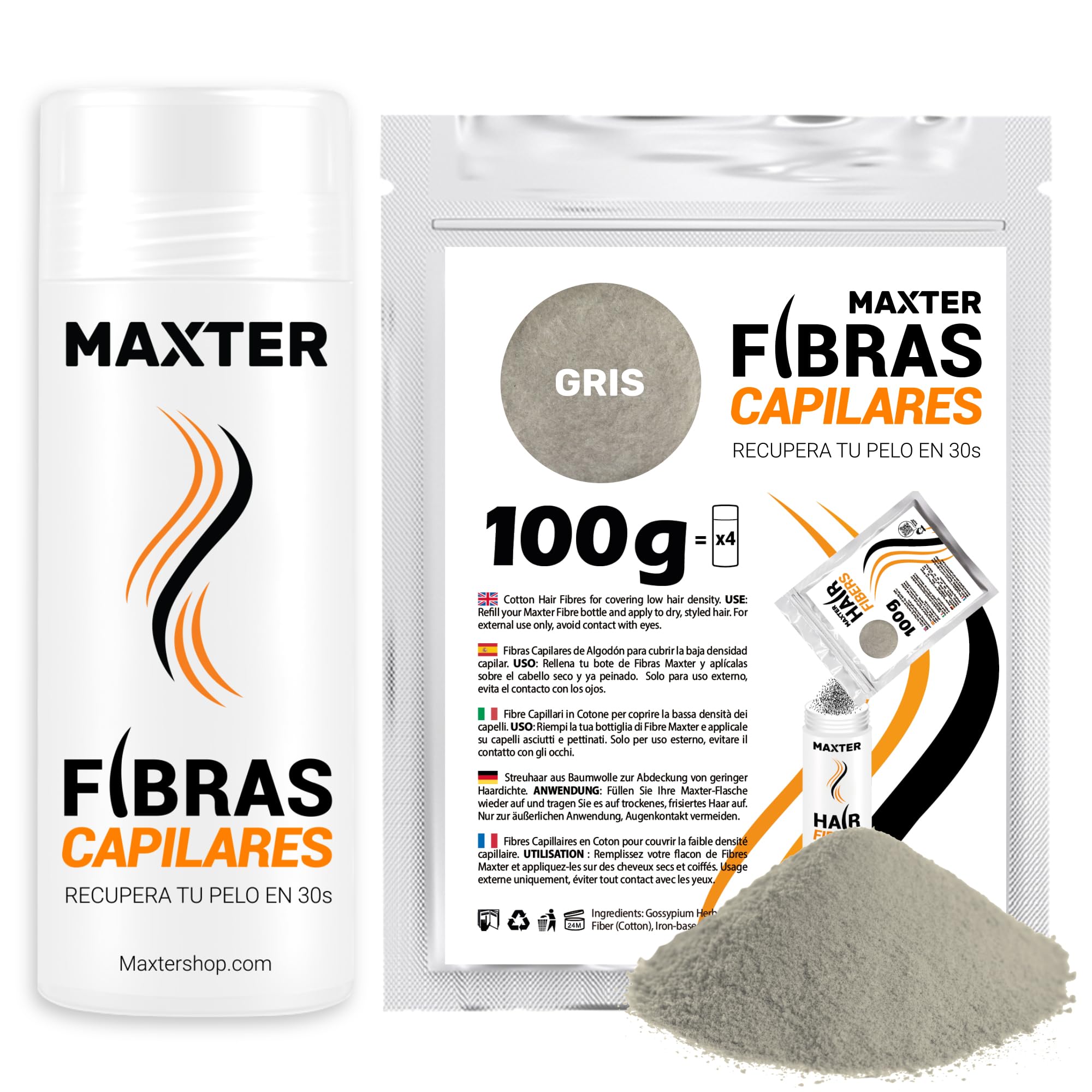 Maxter Fibre Capelli GRIGIO + Borsa di Ricarica 100g - Polvere Volumizzante Capelli per Nascondere la Caduta dei Capelli e la Calvizie - Fibre Cotone per Capelli - Per Uomo e Donna - Hair Fiber