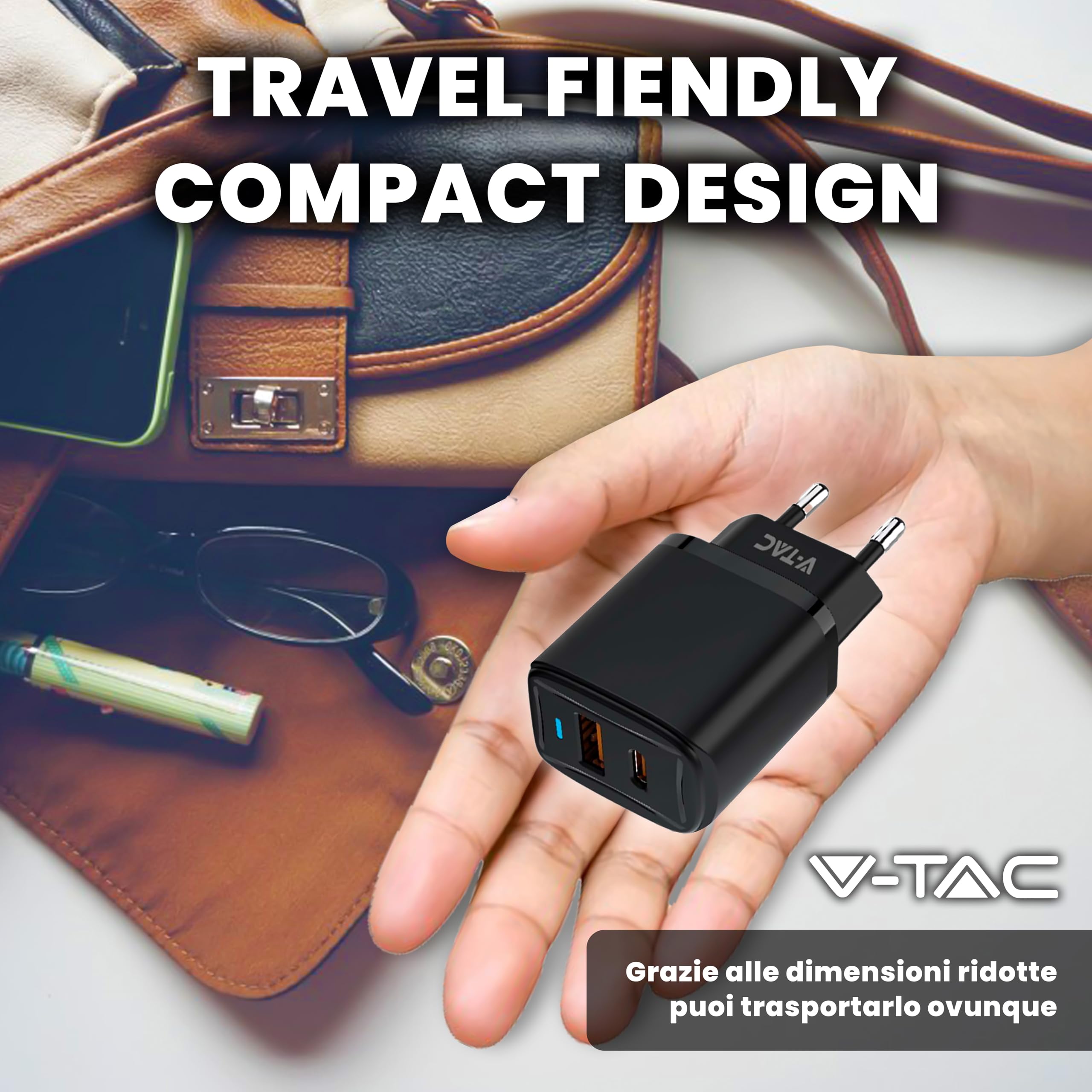 V-TAC Caricatore Rapido USB-C 20W per Iphone e Samsung – [SUPER PICCOLO] - per Smartphone e Dispositivi – 2 Porte: Type C + USB A - Compatibile Iphone 14/15/16/17 PRO/MAX e Galaxy S25 / S26 / A56